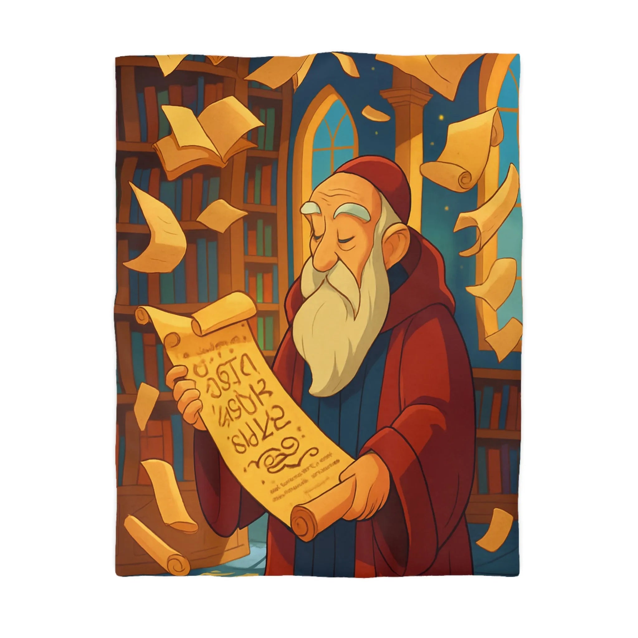 Housse de couette élégante avec design de bibliothèque, parchemins et sage en robe rouge