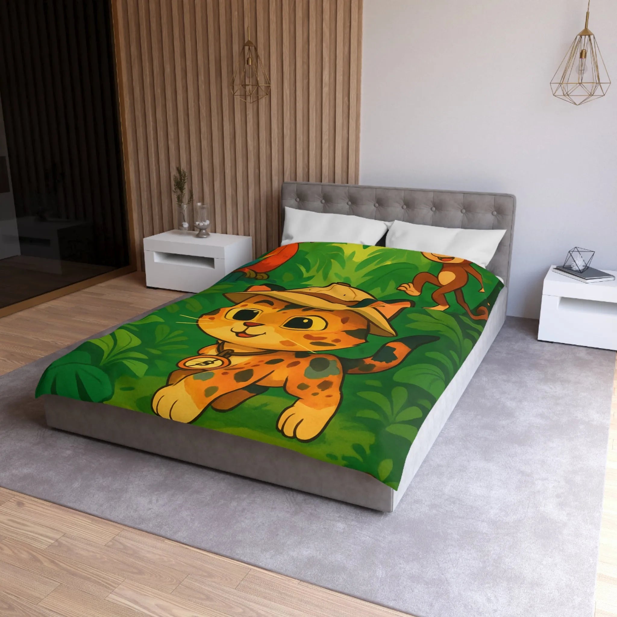 Housse de couette avec chat explorateur, jungle colorée, perroquet et singe joyeux