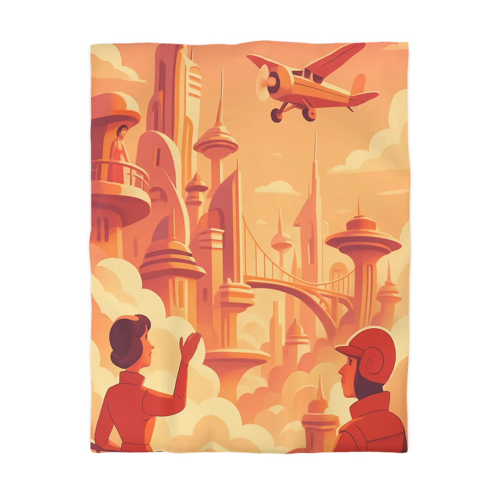 Housse de Couette Art Déco Futuriste avec Avion dans Ciel Orange et Ville Flottante