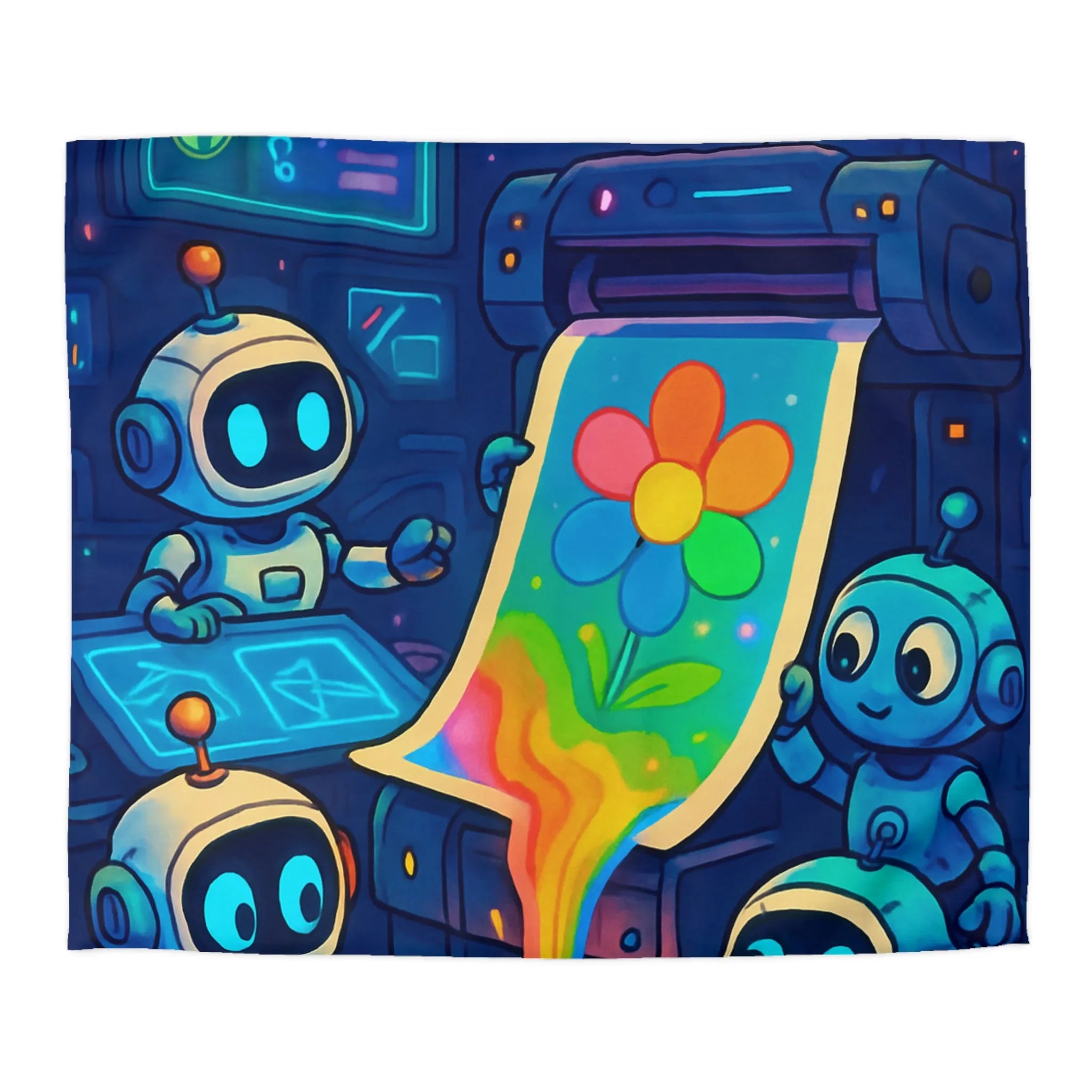 Drôles de robots imprimant une fleur colorée dans un atelier futuriste lumineux