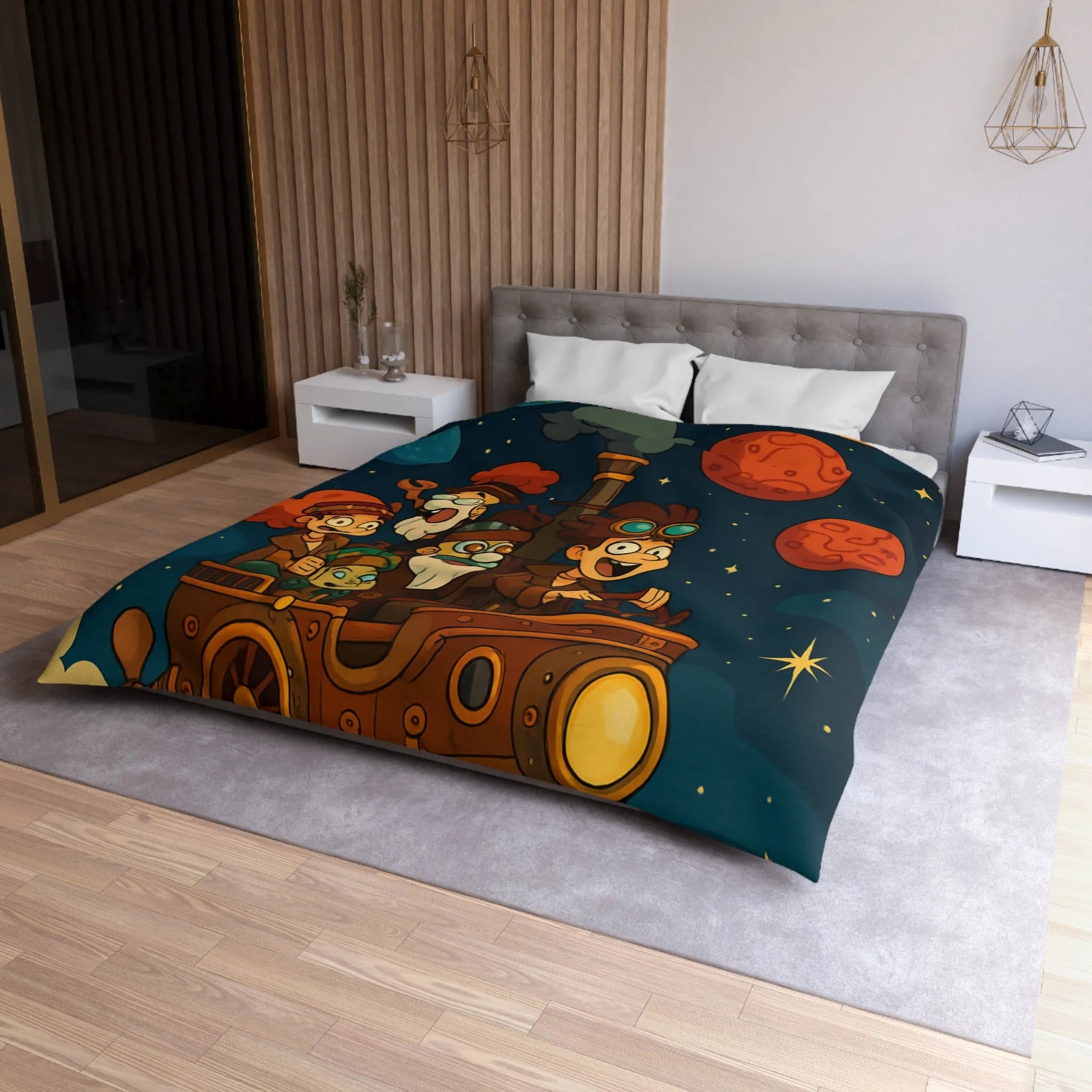 Housse de couette magique pour enfant avec voyage spatial et planètes souriantes colorées