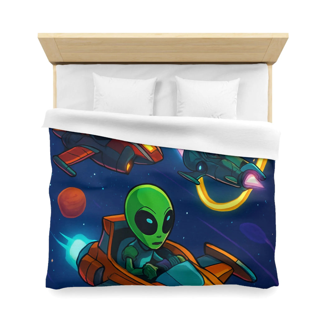 Housse de Couette avec Motifs d'Aliens en Course Spatiale et Anneaux Lumineux