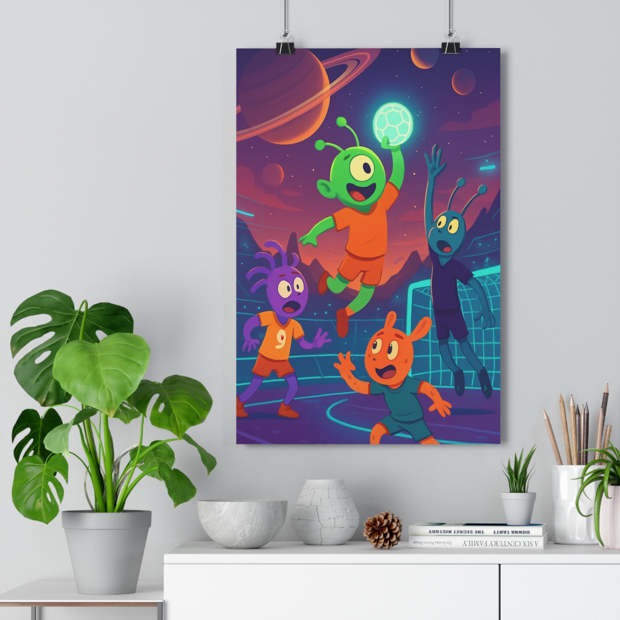Poster décoratif futuriste handball cartoon extraterrestre vibrant coloré chambre enfant mur espace original qualité