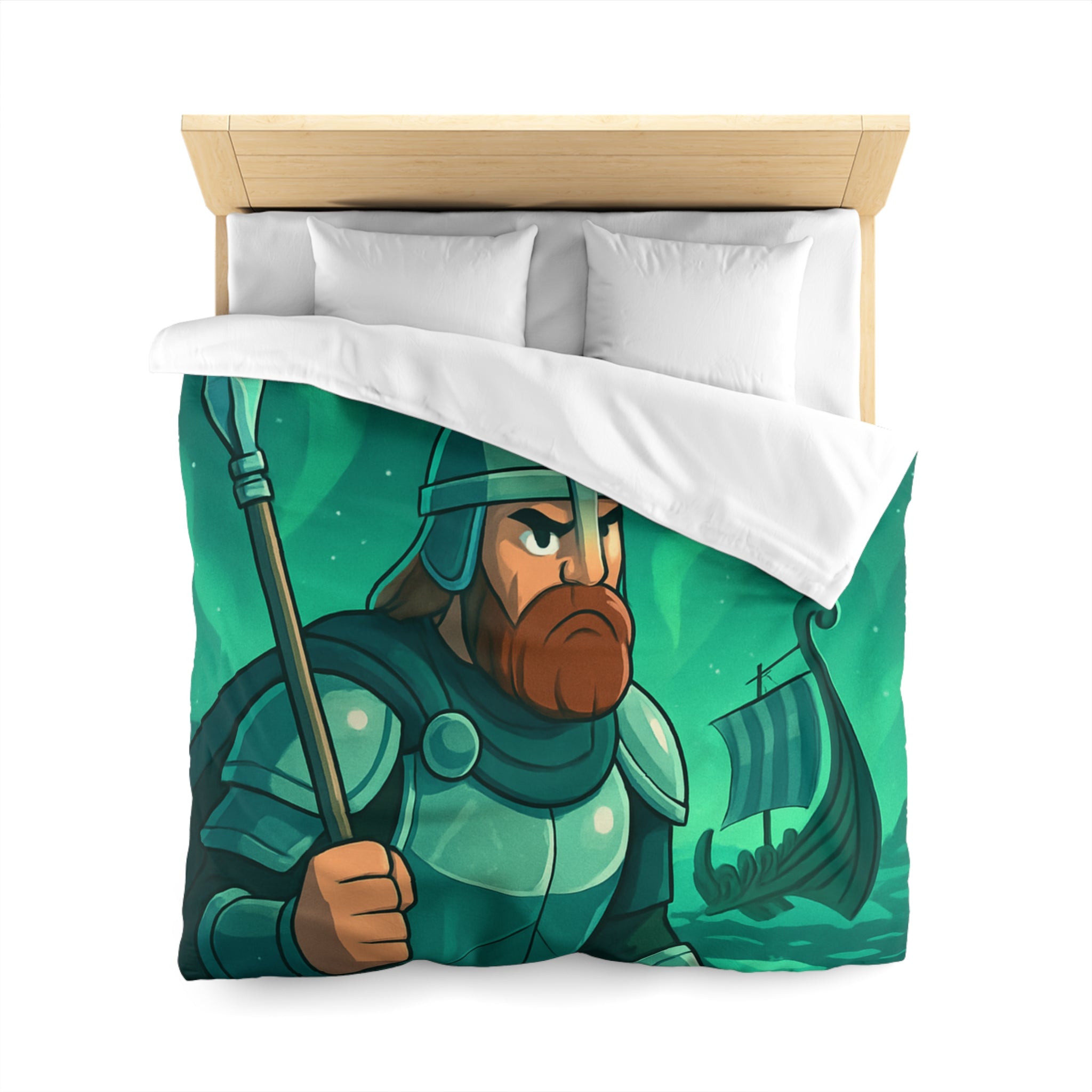 Housse de Couette Viking Vert Émeraude avec Guerrier et Aurores Boréales pour Chambre