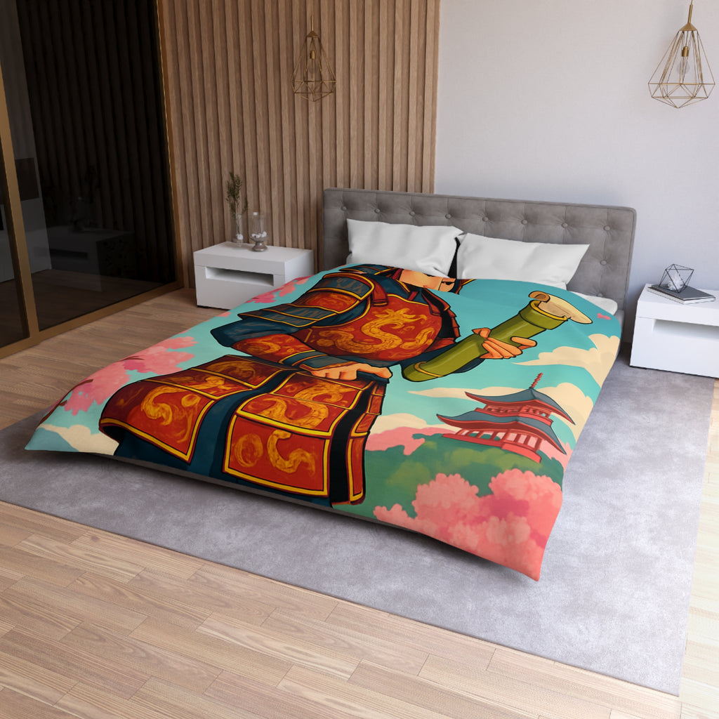 Housse de Couette Samouraï Japonais avec Armure Traditionnelle et Cerisiers en Fleurs