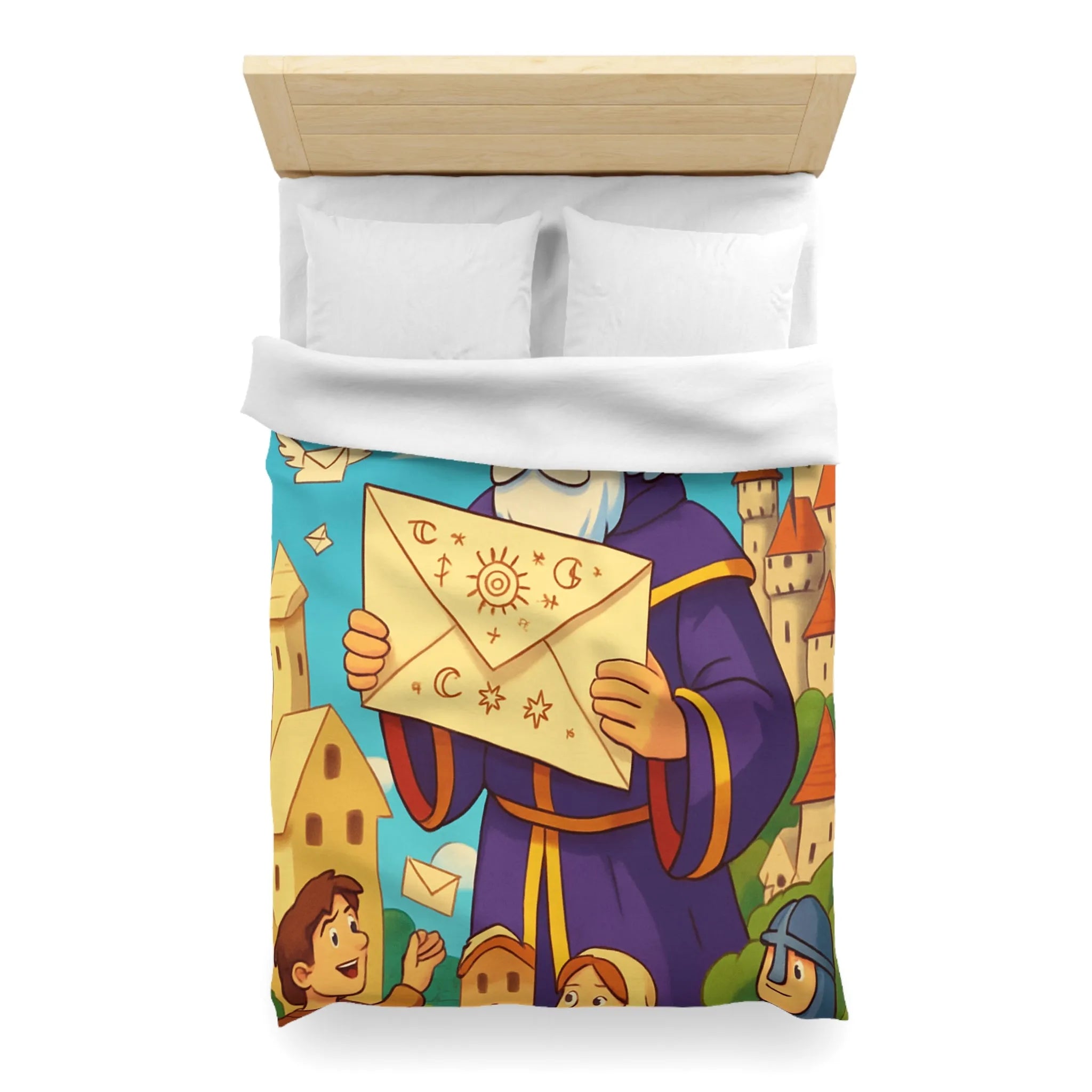 Housse de couette joyeuse avec roi médiéval et château féerique pour enfants
