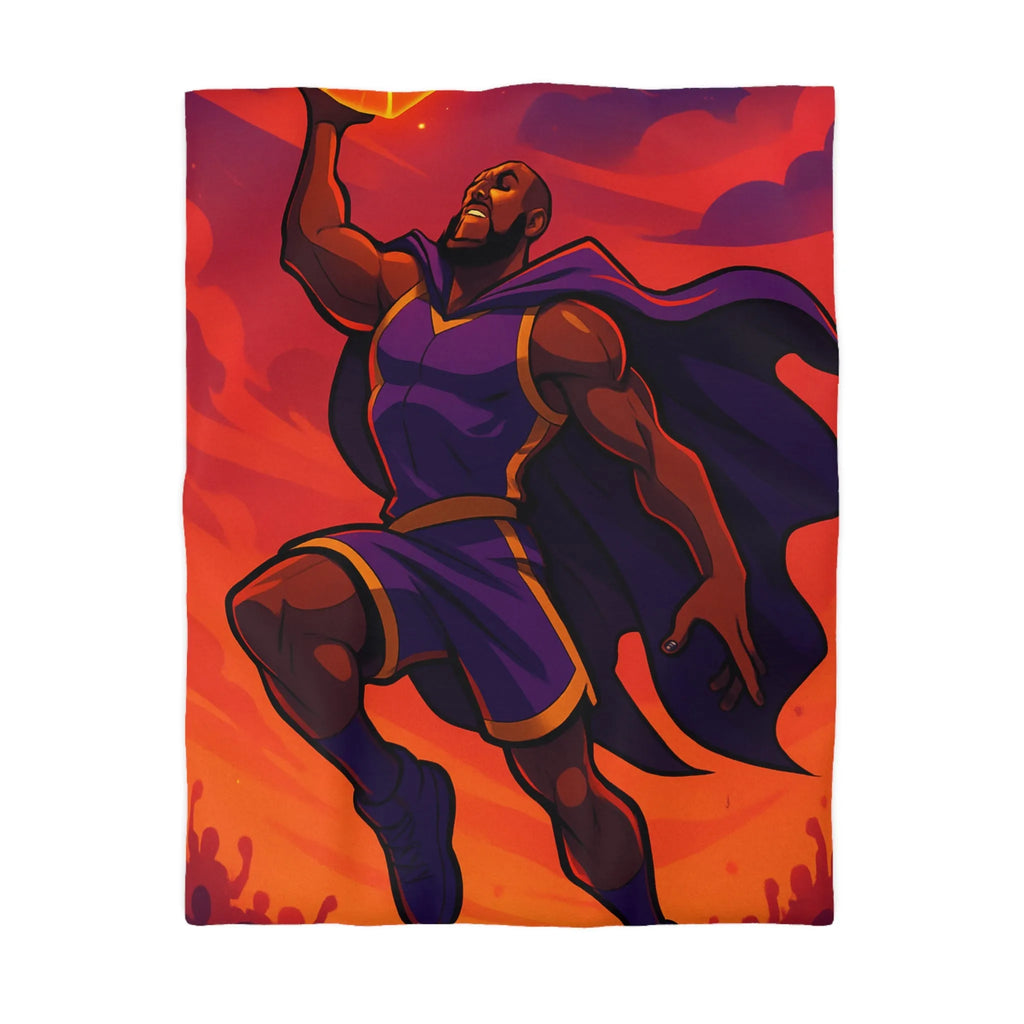 Housse de couette homme volant avec cape et ballon lumineux sur fond orange