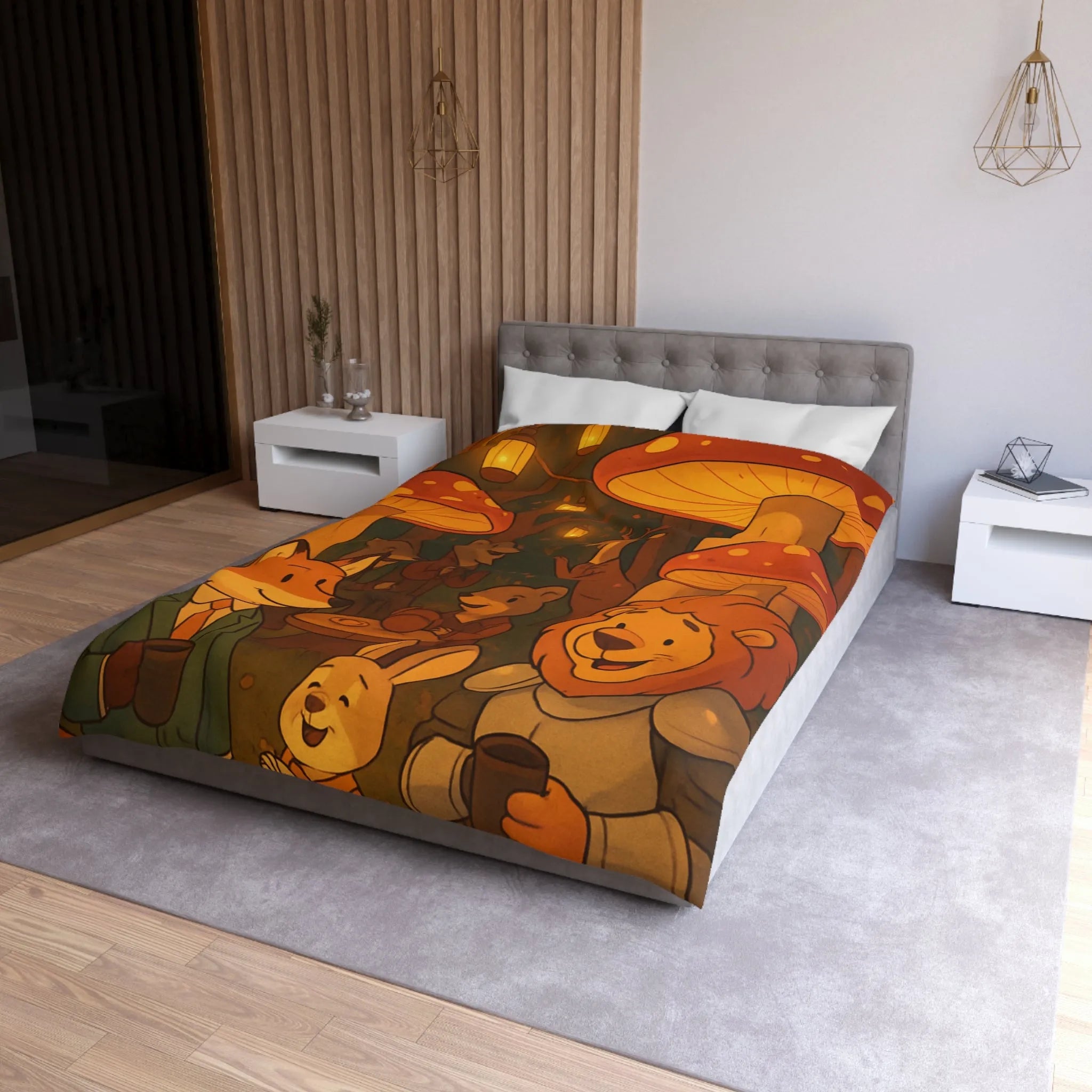 Housse de couette enchantée avec animaux sous champignons géants dans une forêt magique