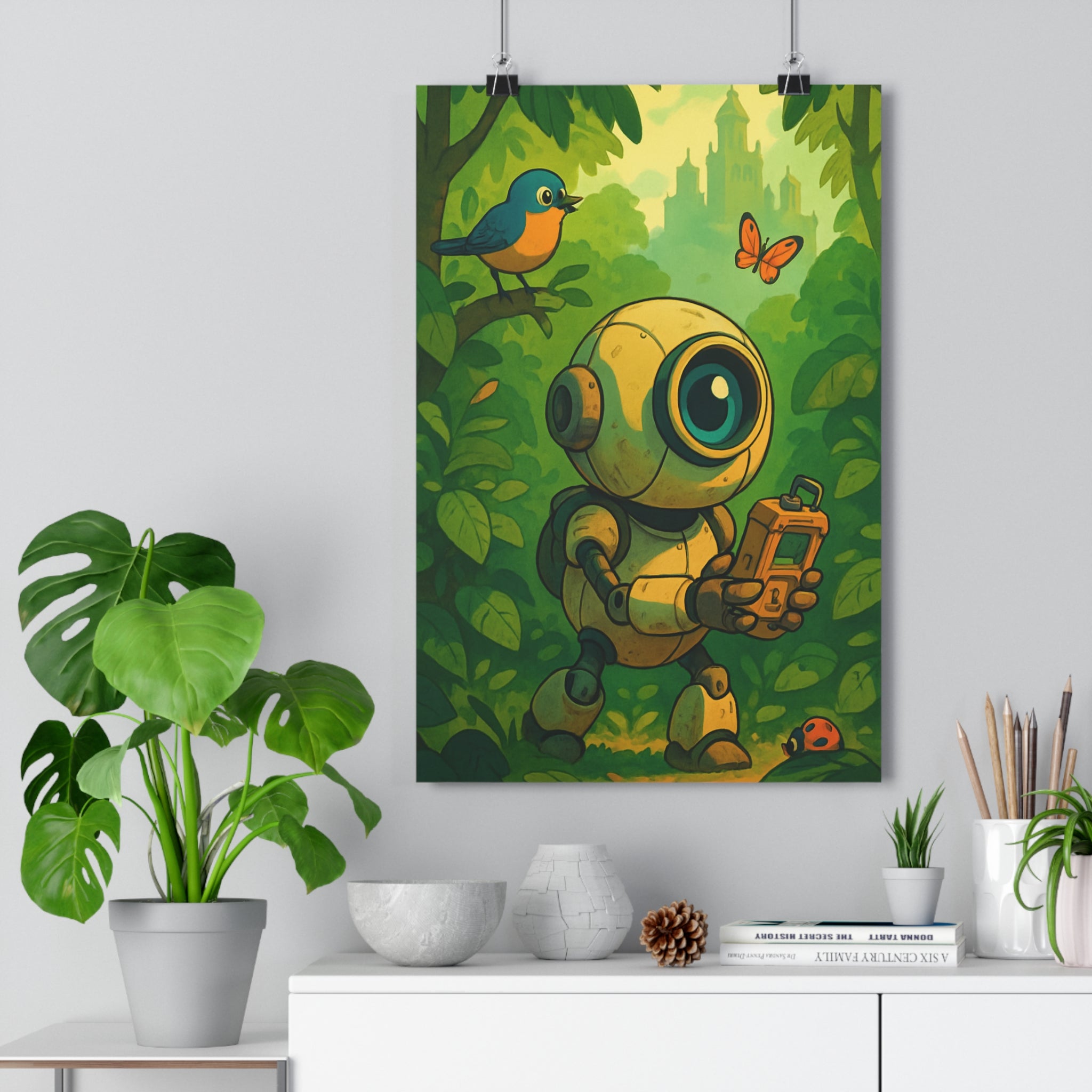 Poster décoratif aventure robot forêt luxuriante vert bleu orange cartoon chambre enfant 30x46 exploration