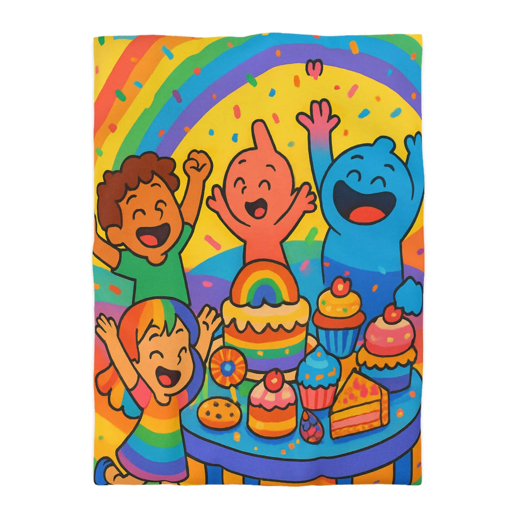 Housse de couette arc-en-ciel enfantine avec personnages joyeux et gâteau festif coloré
