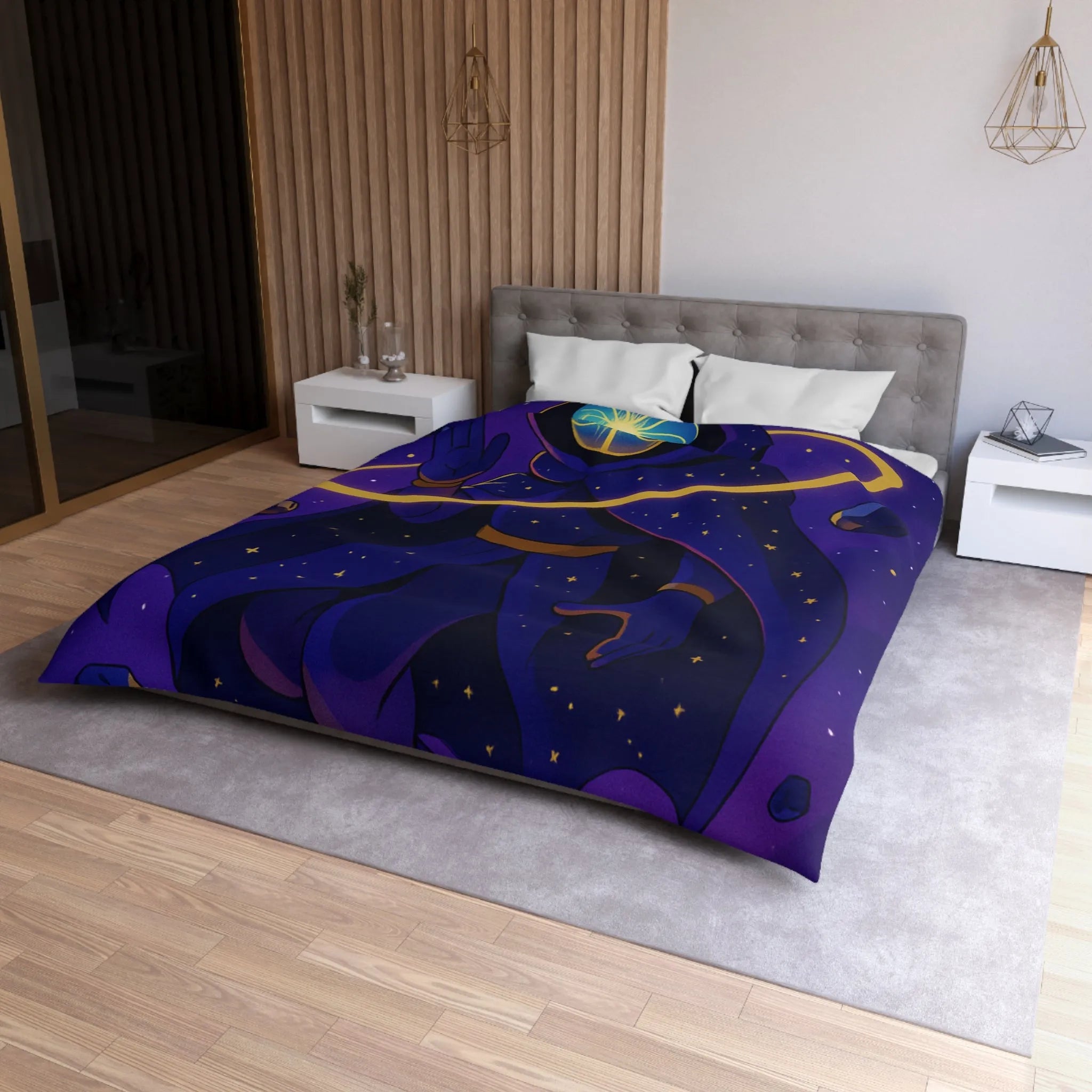 Housse de couette cosmique avec silhouette mystérieuse et motifs galactiques pour décor unique