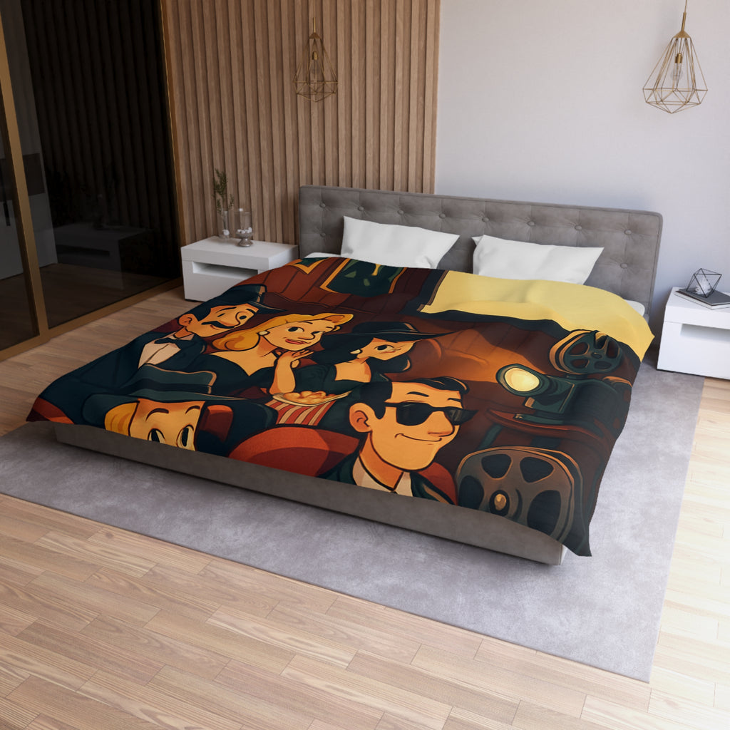 Housse de Couette Rétro Cinéma avec Scène de Spectateurs Élégants et Projecteur