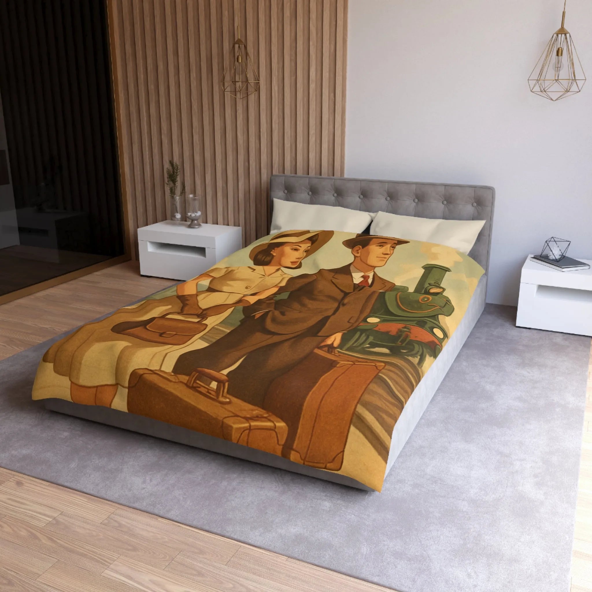Élégante housse de couette vintage voyageur train rétro nostalgique style années cinquante unique
