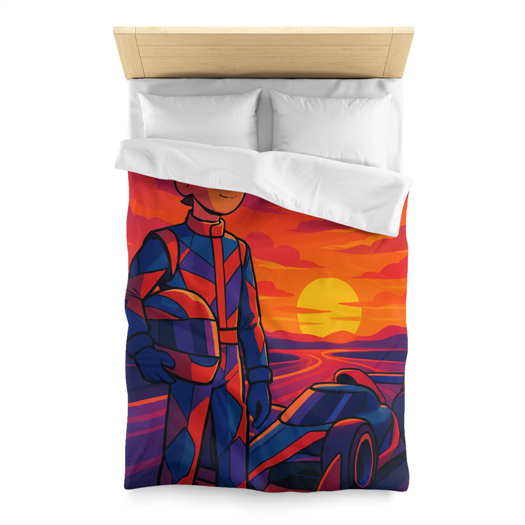 Housse de couette motif pilote de course et voiture au coucher du soleil vibrant