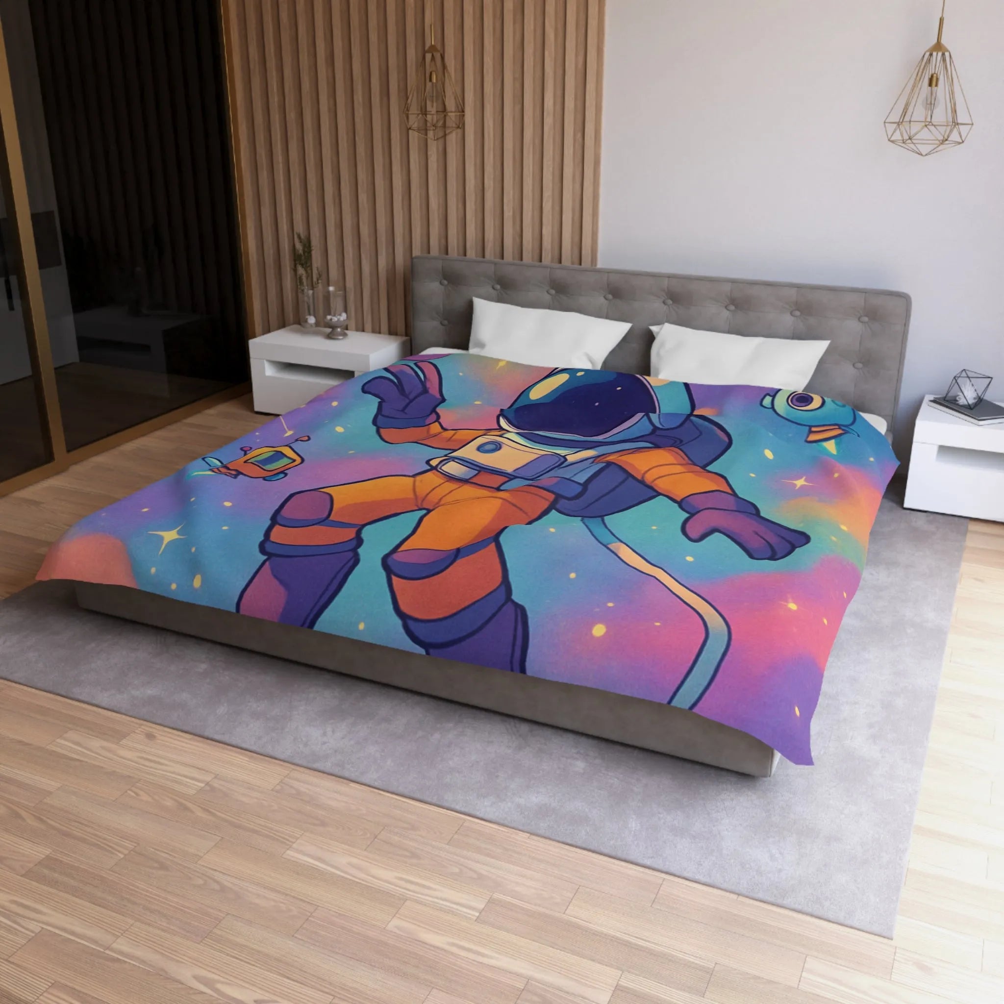 Housse de couette colorée spatiale avec astronaute, planètes et robots ludiques pour enfants