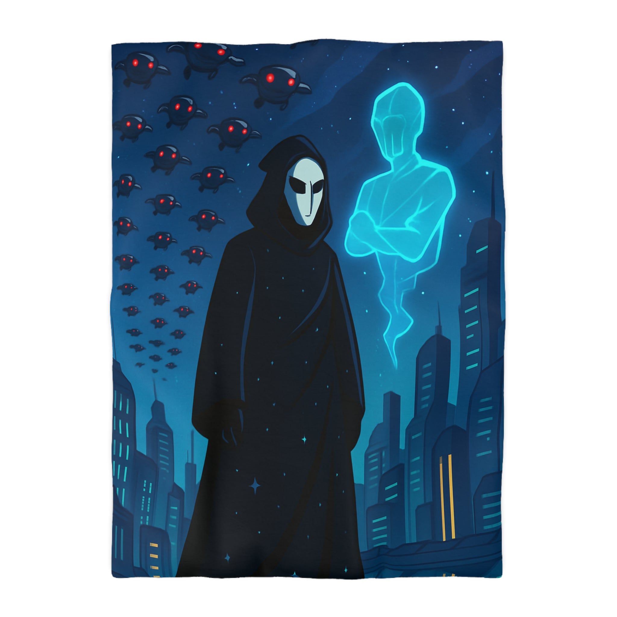 Housse de couette spatiale avec figure masquée et paysage urbain futuriste