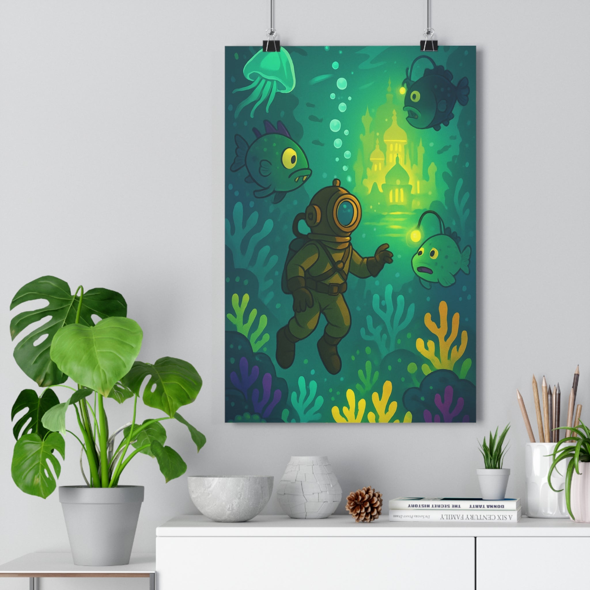 Poster décoratif océan cartoon vintage bleuvert jaune chambre enfant rêve apaisant mystérieux aventure plongeur