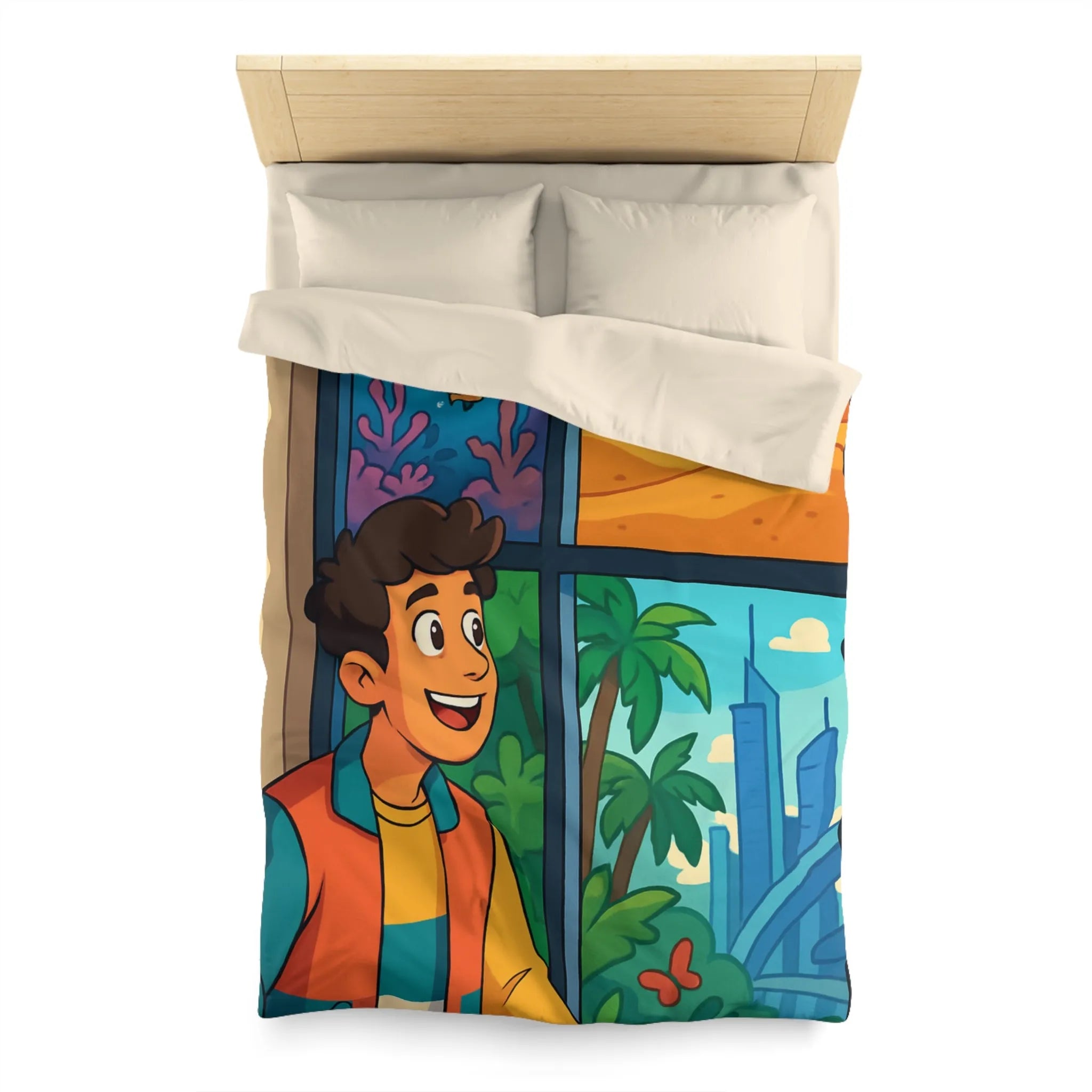 Housse de couette colorée avec paysage marin, désertique et urbain pour chambre d'enfant
