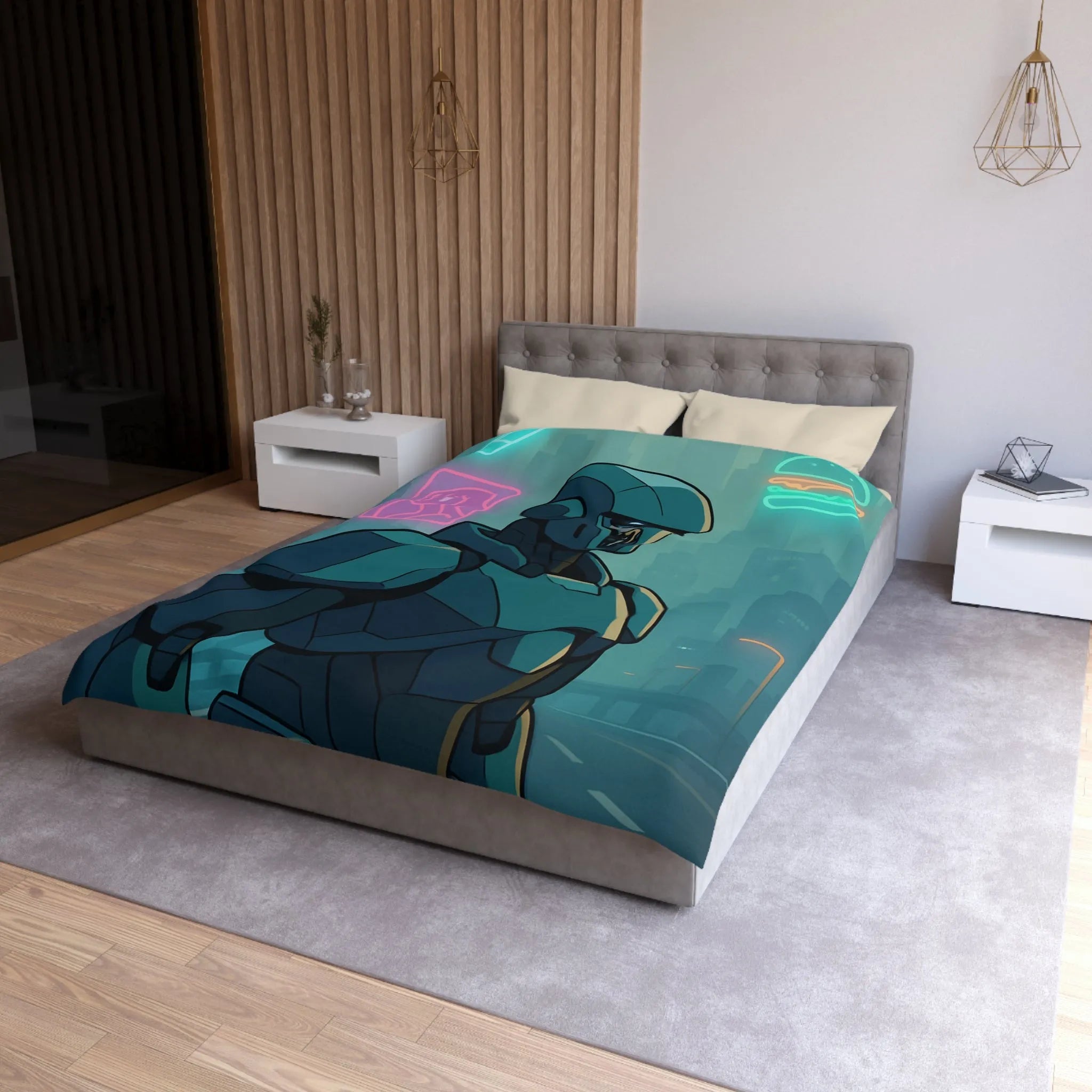 Futuristic Dystopian Cityscape with Neon Lights and Robotic Figure for Bedding Decor