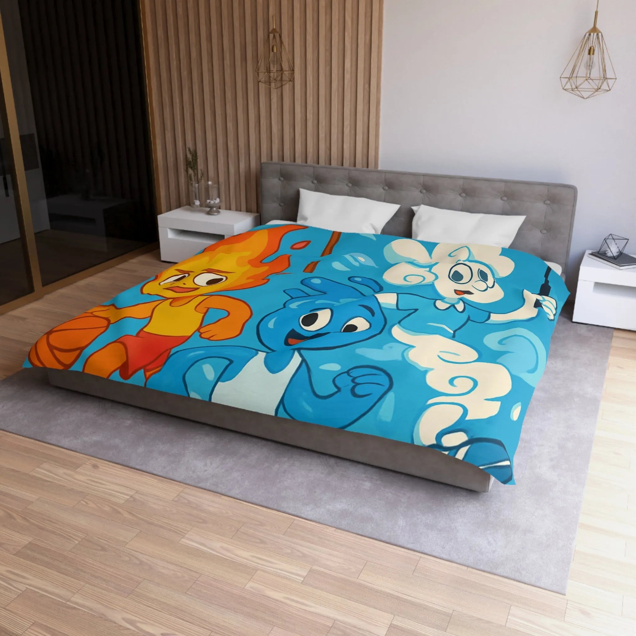 Housse de couette colorée avec motifs d’éléments sportifs et symbole de paix