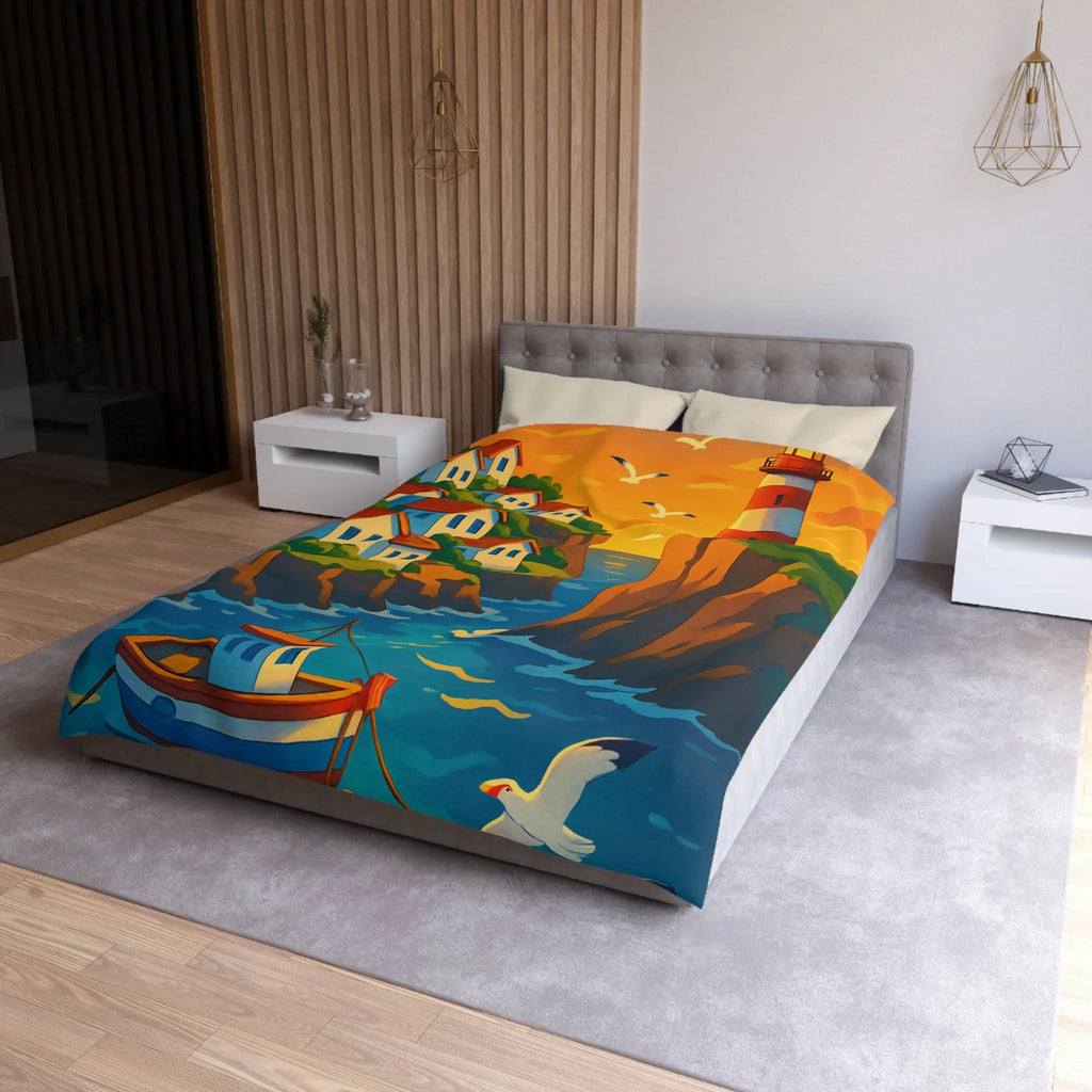 Housse de couette avec paysage côtier et phare pour chambre relaxante et colorée