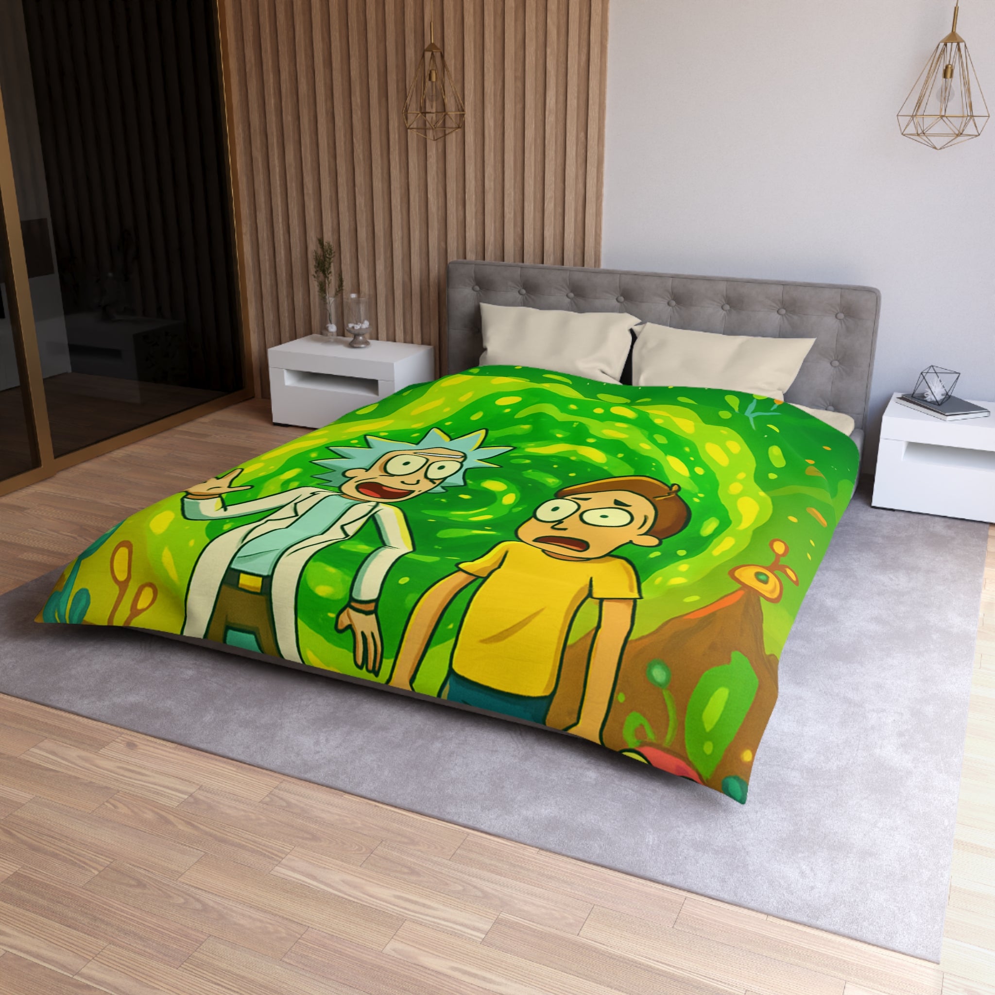 Housse de couette thème dimension aventure verte avec duo explorateur et planète lumineuse