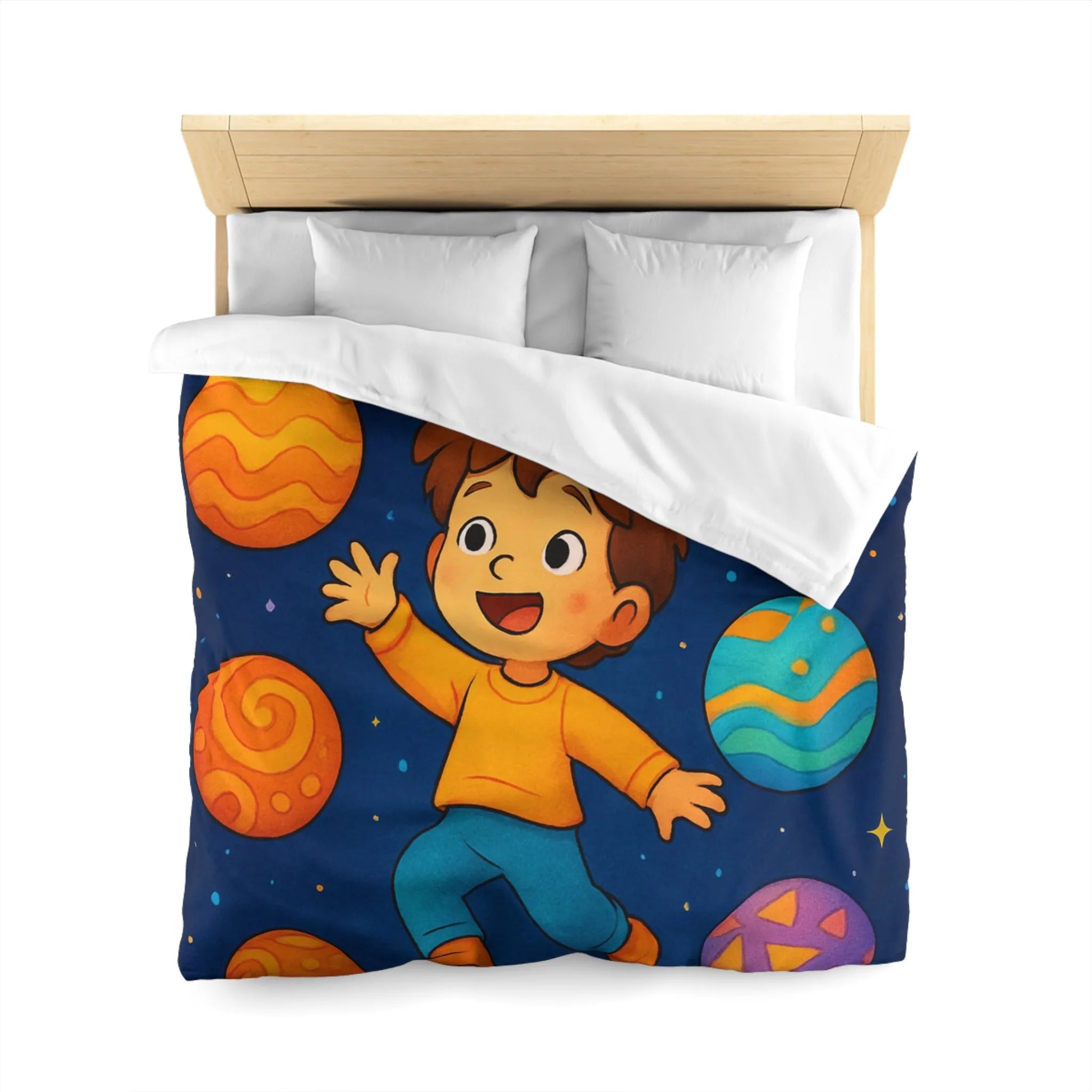 Housse de couette enfant planète colorée avec garçon dans l'espace étoilé vibrant