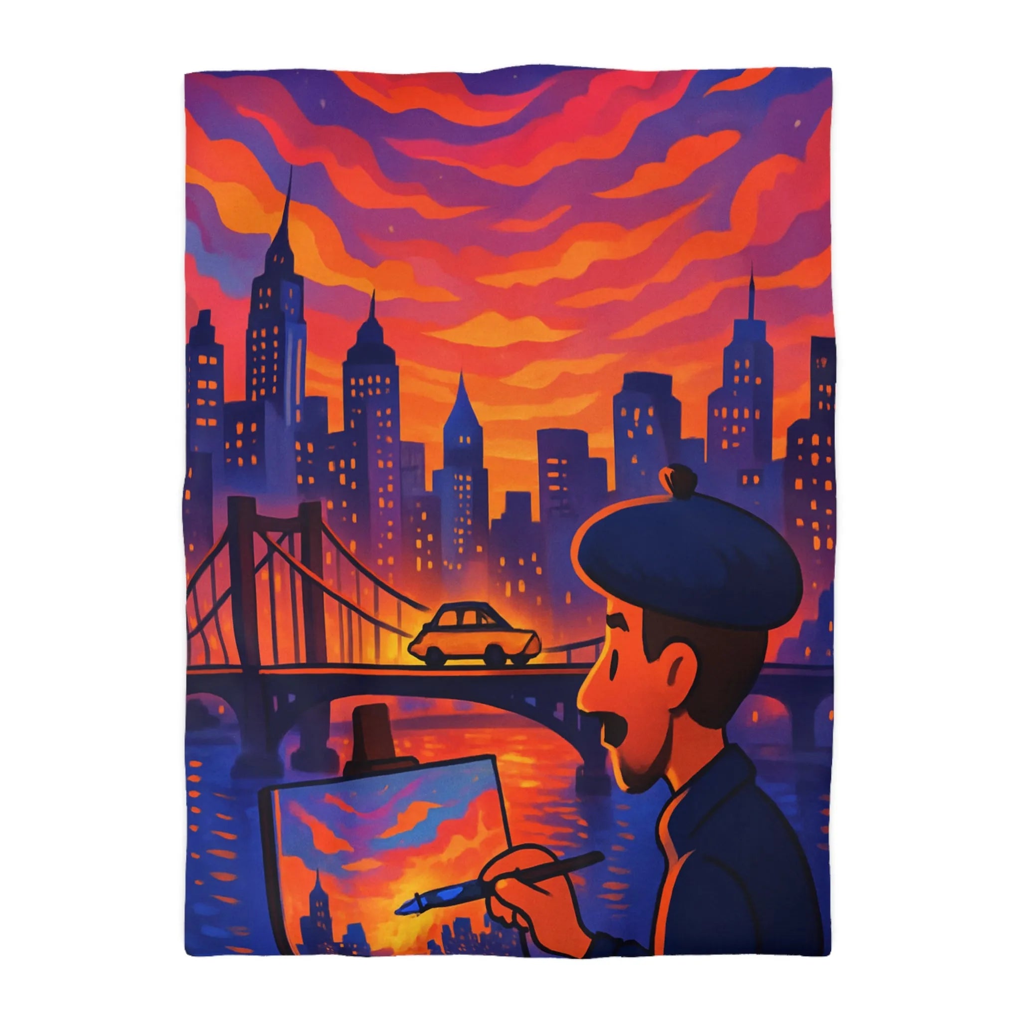 Housse de Couette Artiste Peignant Pont Cityscape Coucher de Soleil Vibrant