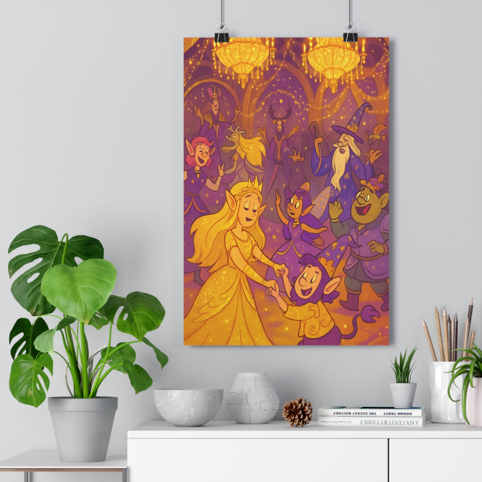 Poster décoratif féérique violet or cartoon joyeux chambre enfant magique créatures enchantement 30x46 cm