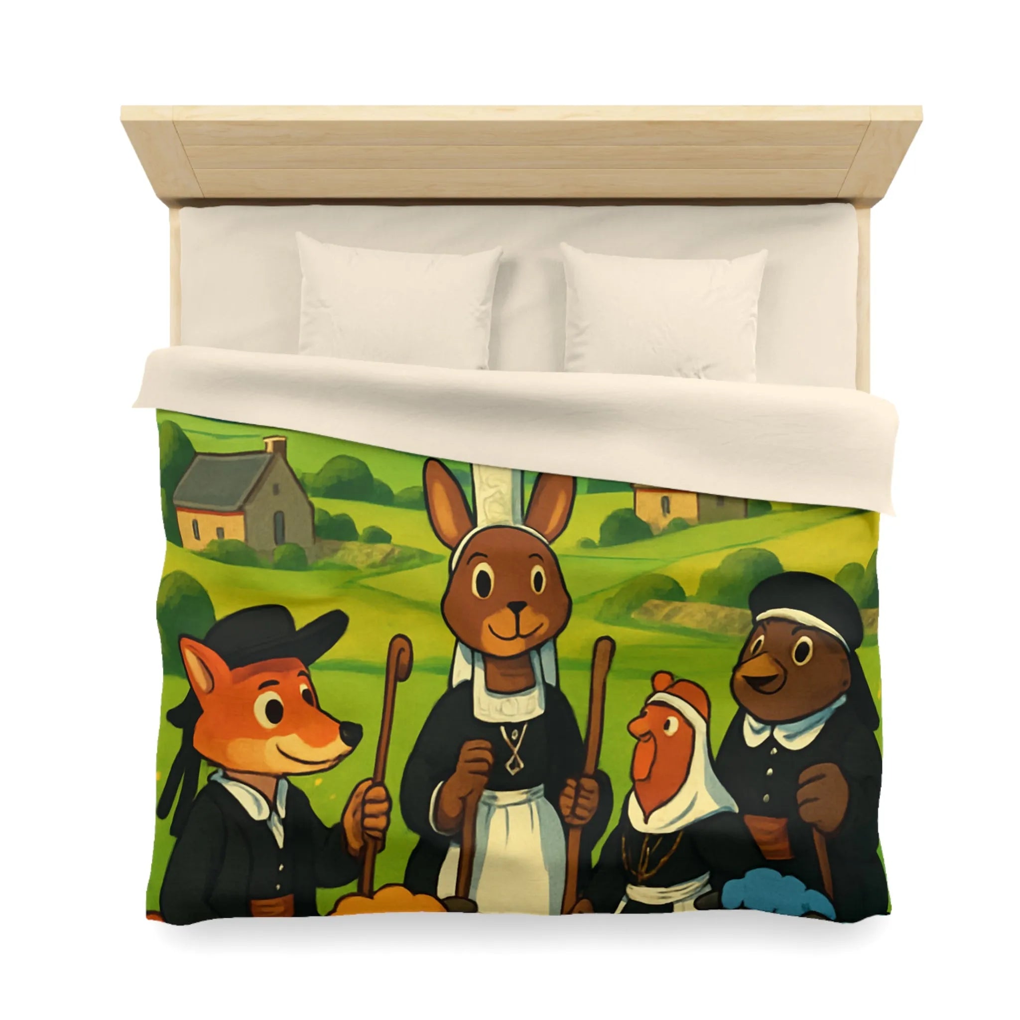 Housse de couette colorée avec animaux de ferme habillés dans un paysage champêtre