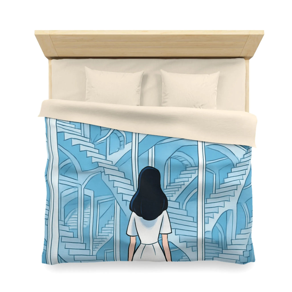 Housse de couette escalier infini en bleu avec femme en robe blanche contemporaine