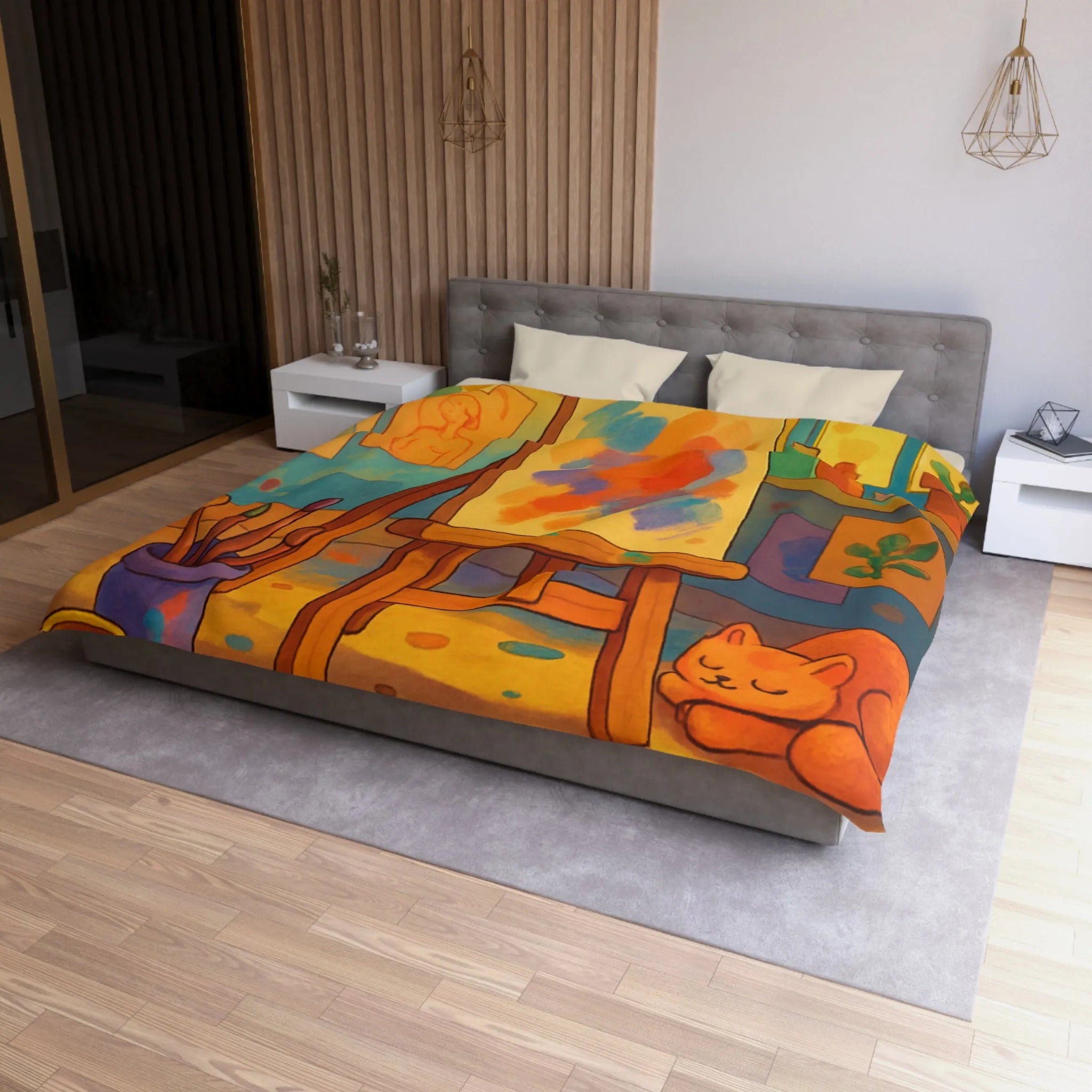 Housse de couette artistique colorée avec chevalet et chat pour une chambre cosy