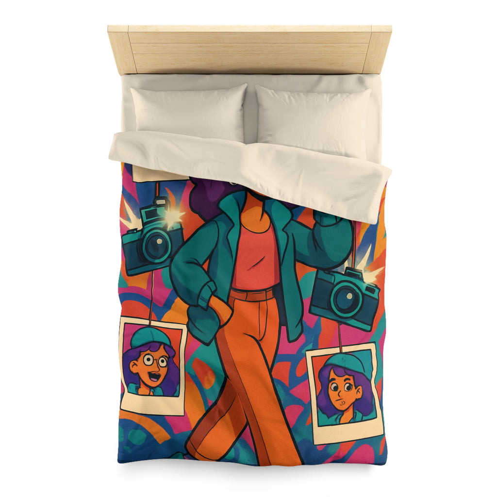 Housse de couette vivante avec personnage stylé marchant dans ambiance artistique colorée et ludique