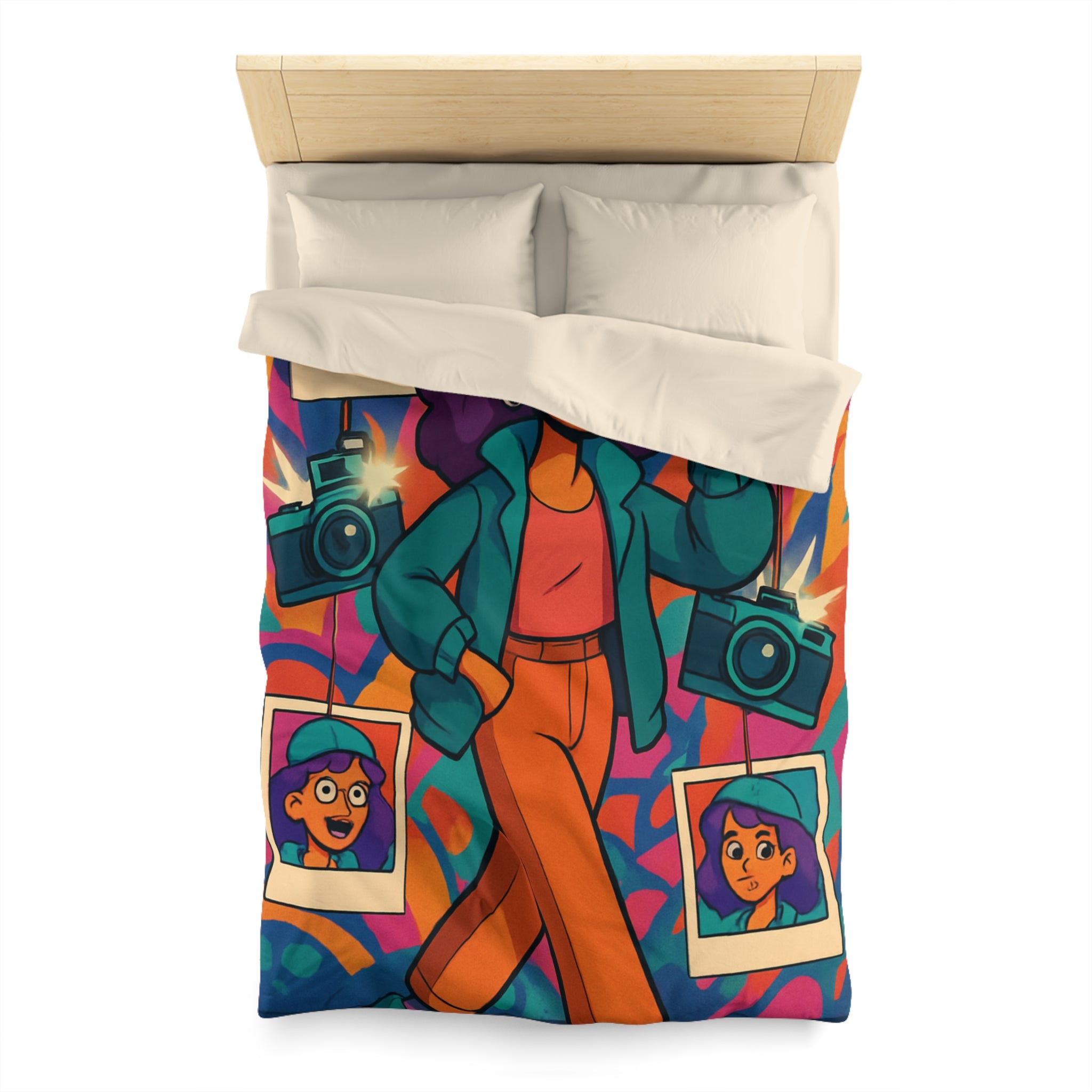 Housse de couette vivante avec personnage stylé marchant dans ambiance artistique colorée et ludique