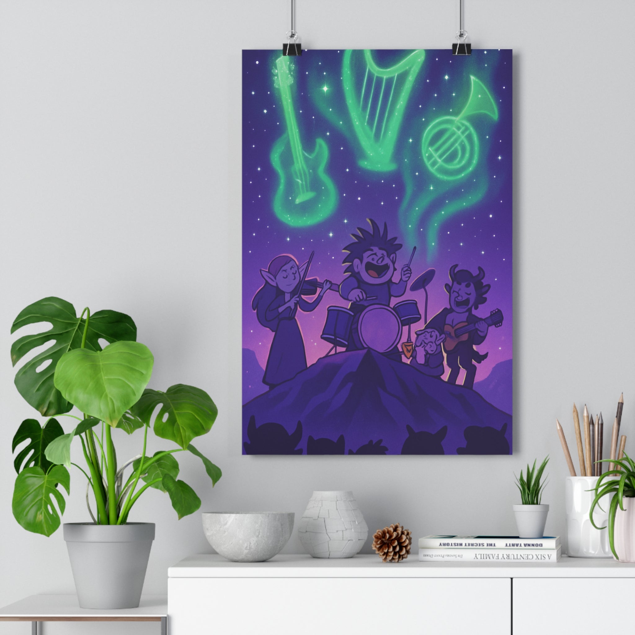 Poster décoratif féérique violet vert fantastique joyeux musique chambre salon art illustration design qualité