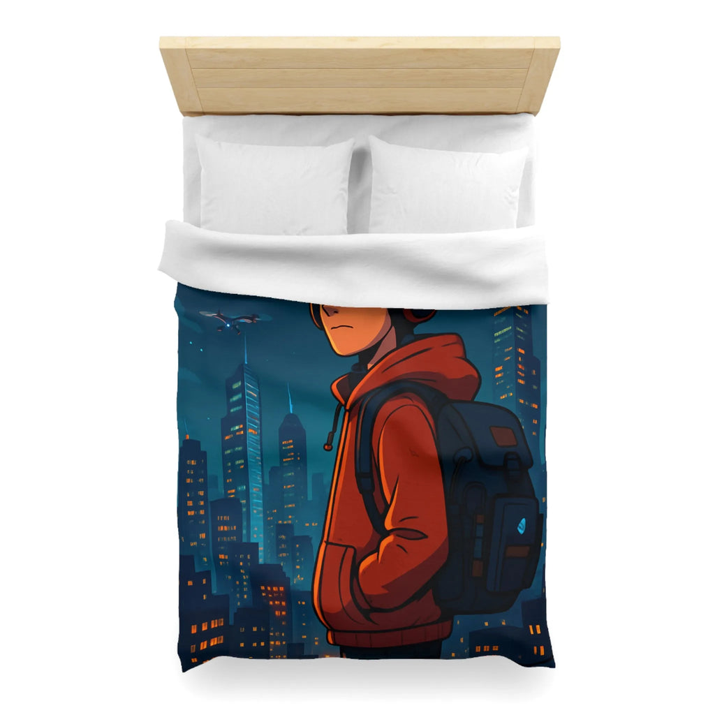 Housse de couette ado moderne nocturne avec personnage urbain et drones dans le ciel