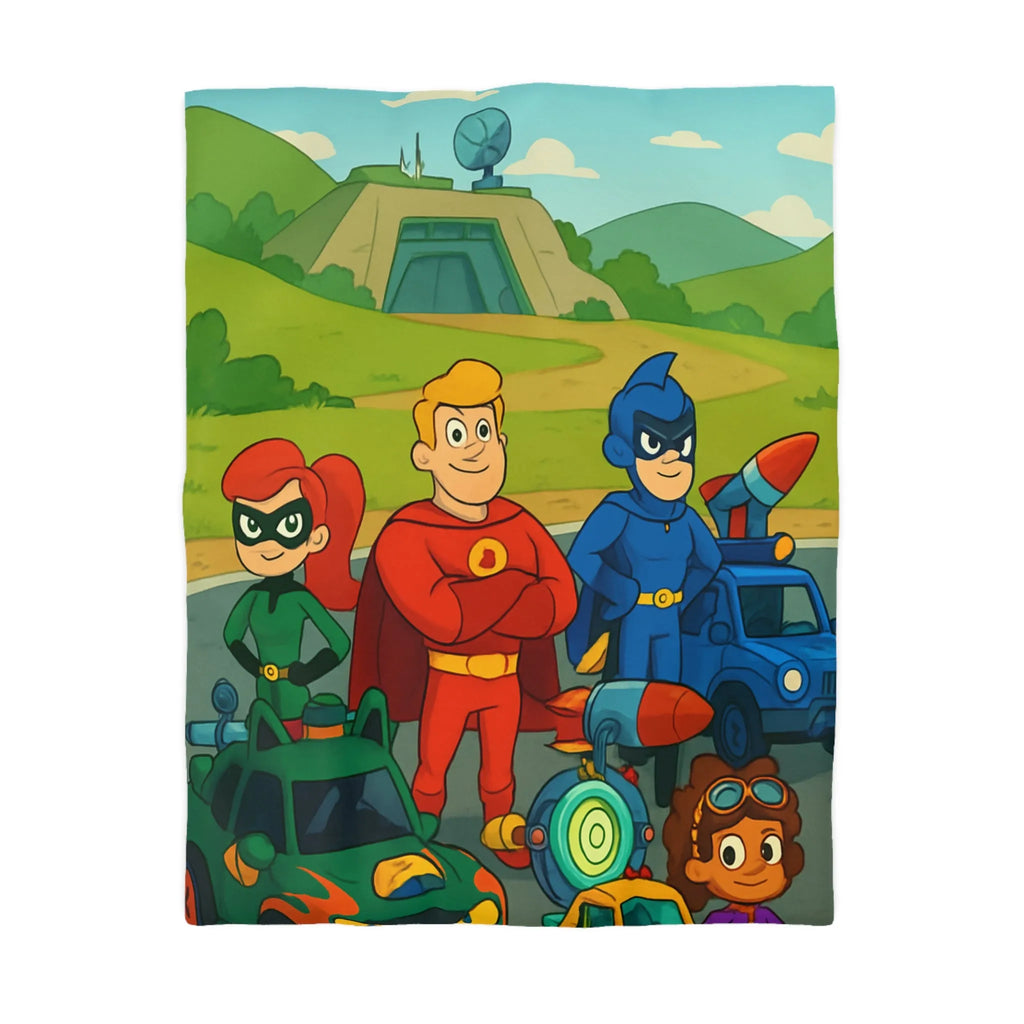 Housse de couette enfant avec super-héros et véhicules colorés dans paysage cartoon vibrant