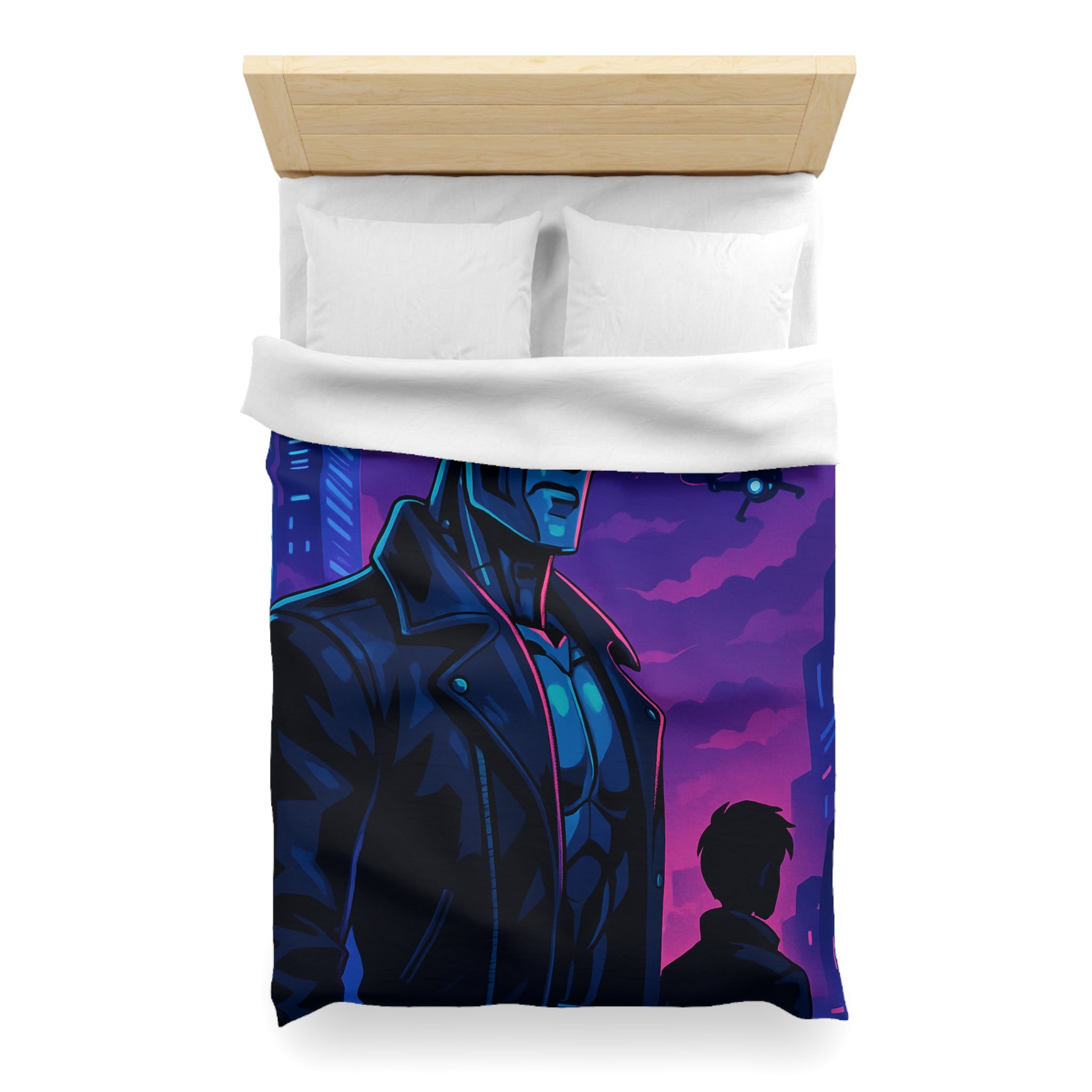 Housse de couette style néon avec robot futuriste et drones en ville de nuit