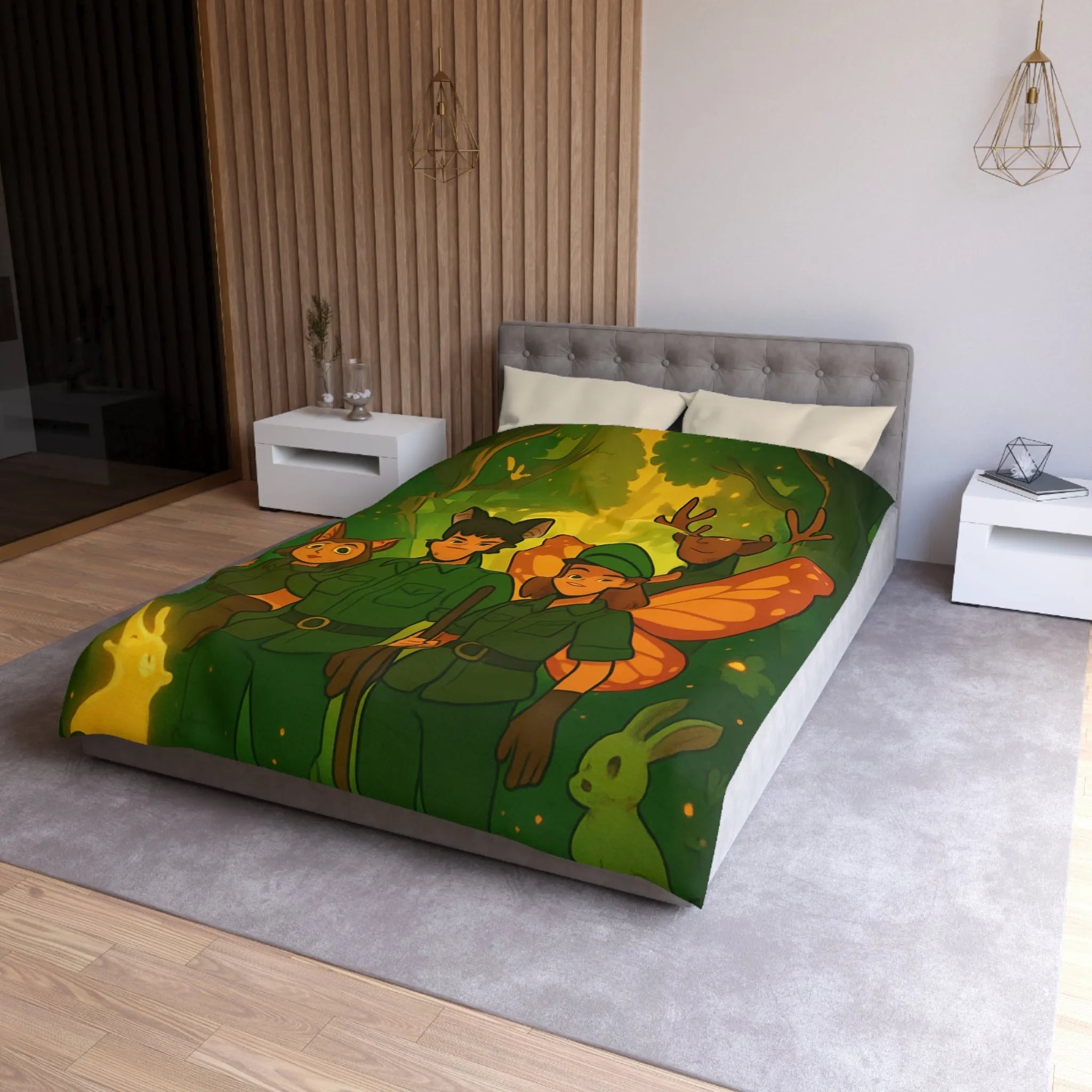 Housse de couette féerique avec gardiens de forêt, animaux magiques, ambiance verte et lumineuse