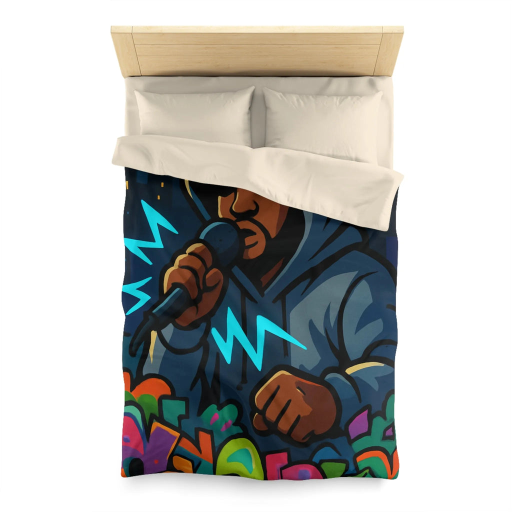 Housse de couette avec artiste hip-hop en hoodie et graffitis colorés de rue