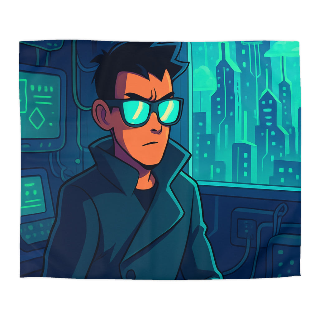 Housse de couette urbaine homme élégant en manteau dans appartement futuriste avec écran