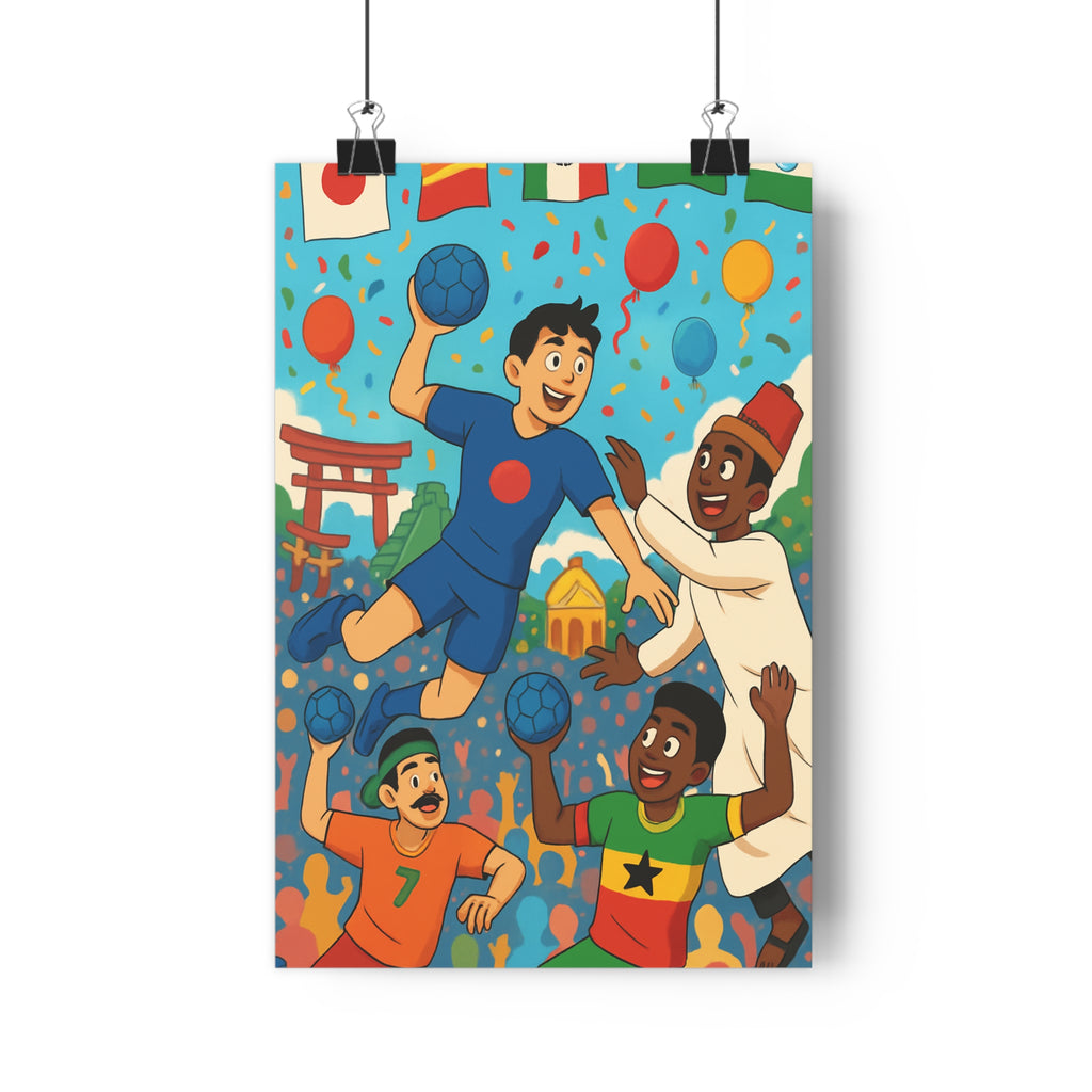 Poster décoratif cartoon handball joyeux multiculturel coloré dynamique chambre enfant sport vibrant amusant unique