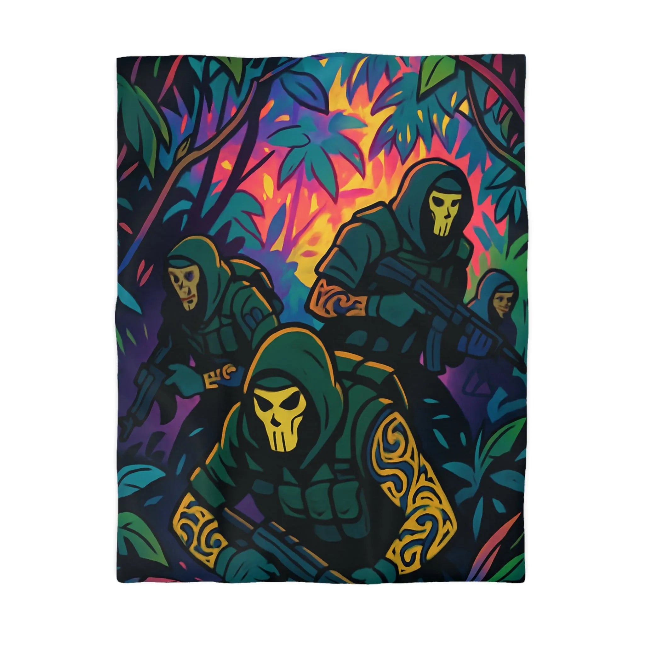 Housse de couette graphique avec motif de soldats masqués dans une jungle colorée