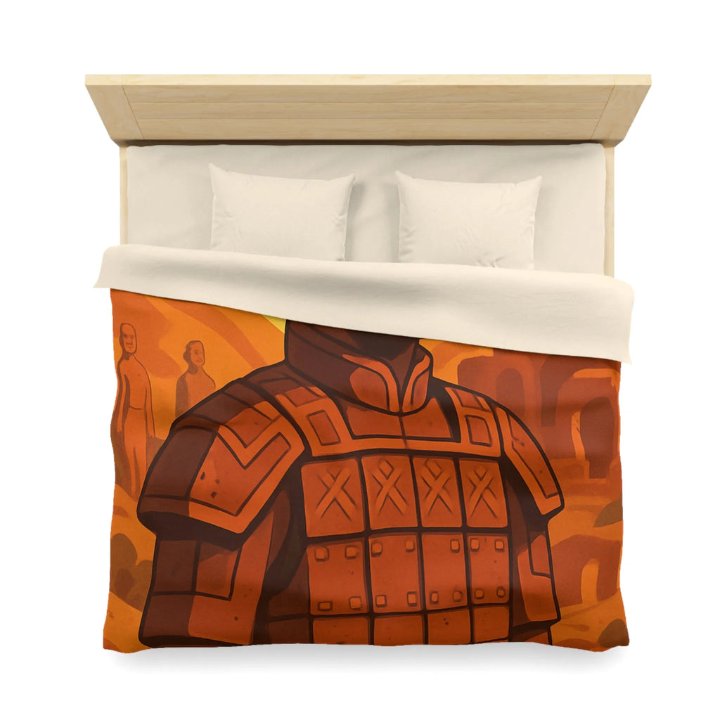 Housse de couette inspirée des guerriers antiques dans un style artistique épuré et vibrant
