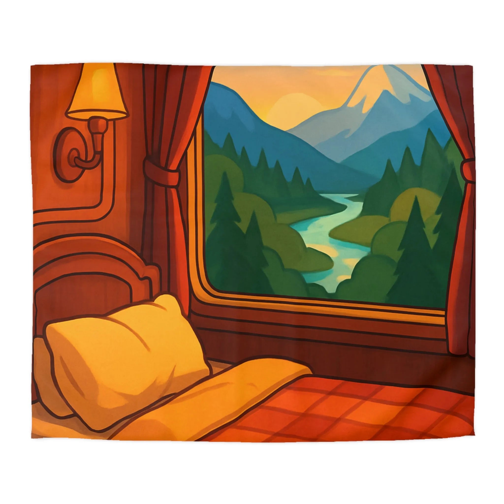 Housse de couette ambiance montagne, cadre chaleureux, illustration coucher de soleil panoramique