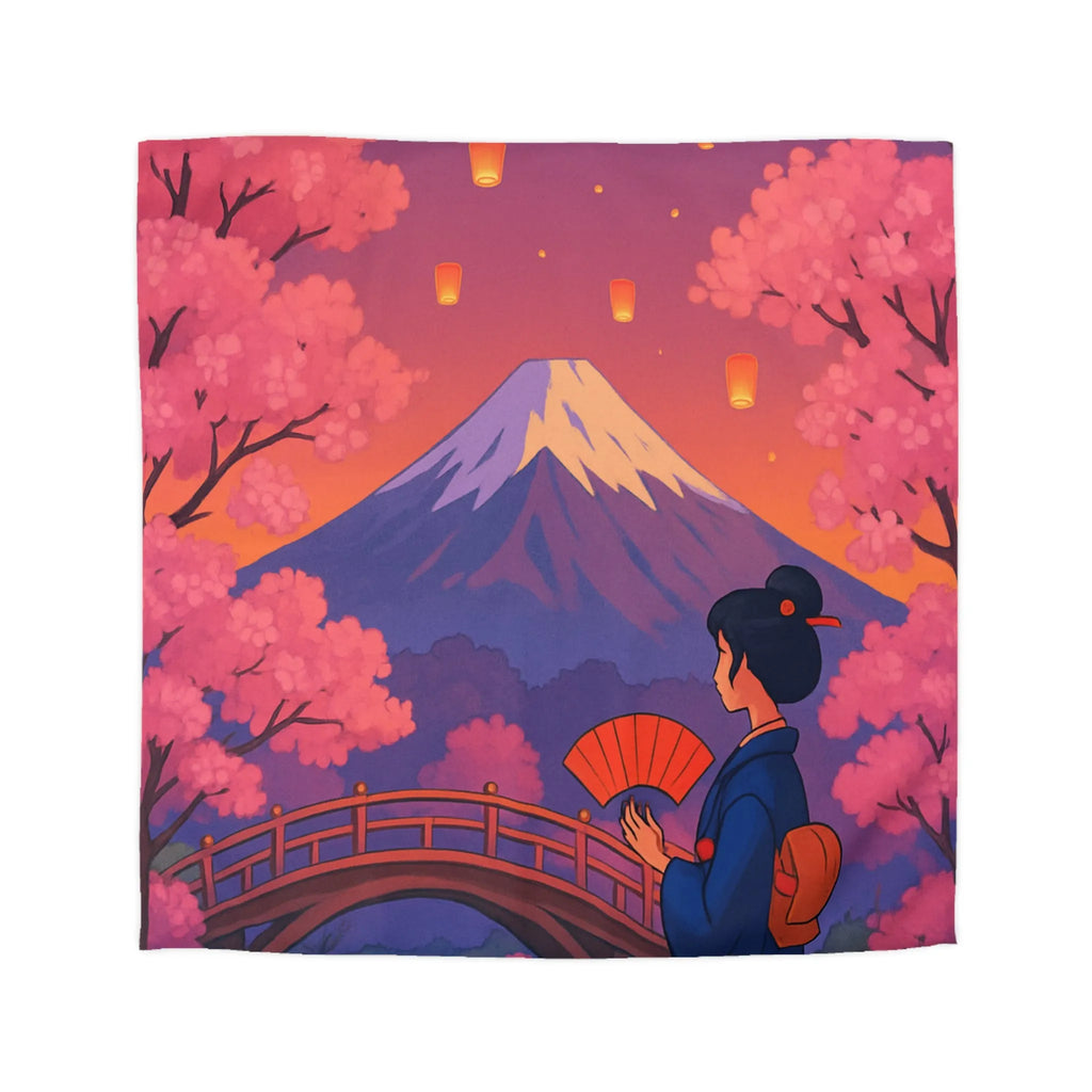 Housse de couette japonaise avec cerisiers, lanterne et vue sur le Mont Fuji