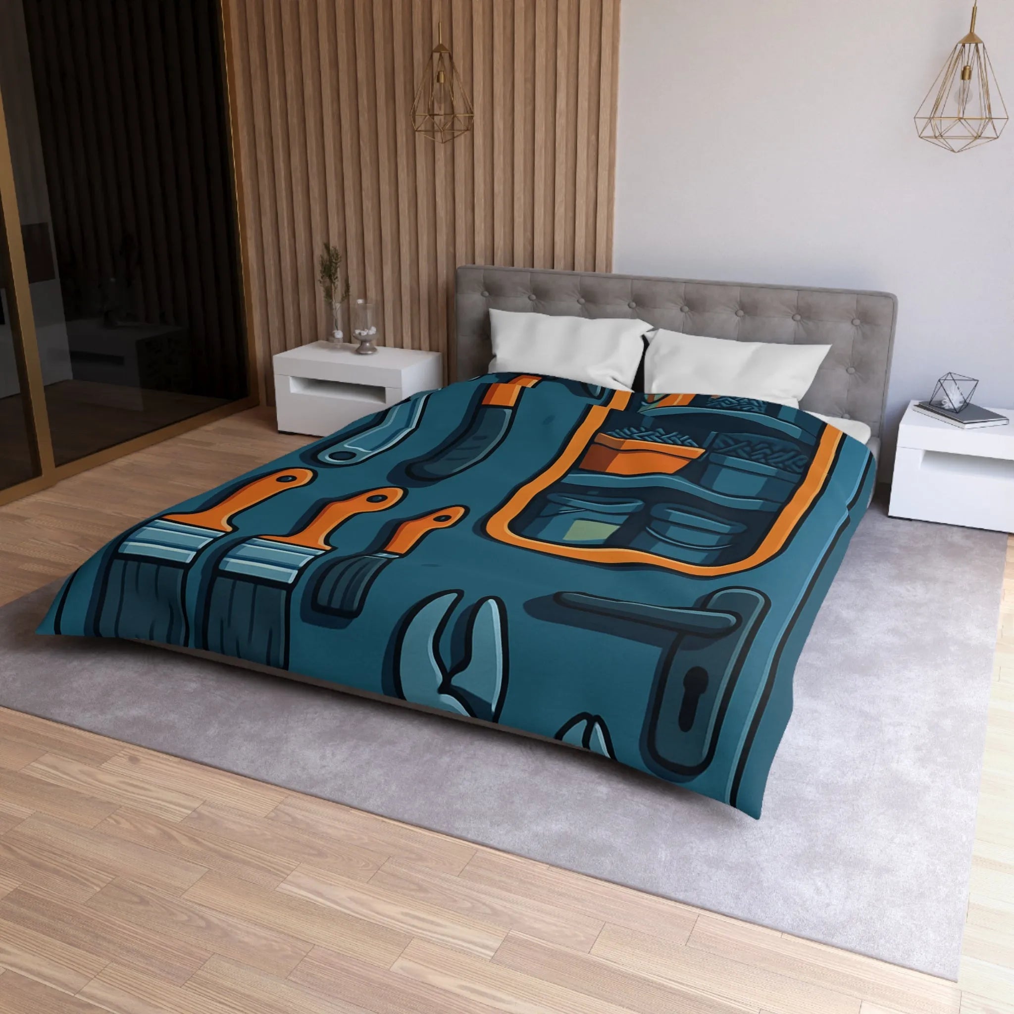 Housse de couette bleue avec outils et étagères pour atelier créatif moderne