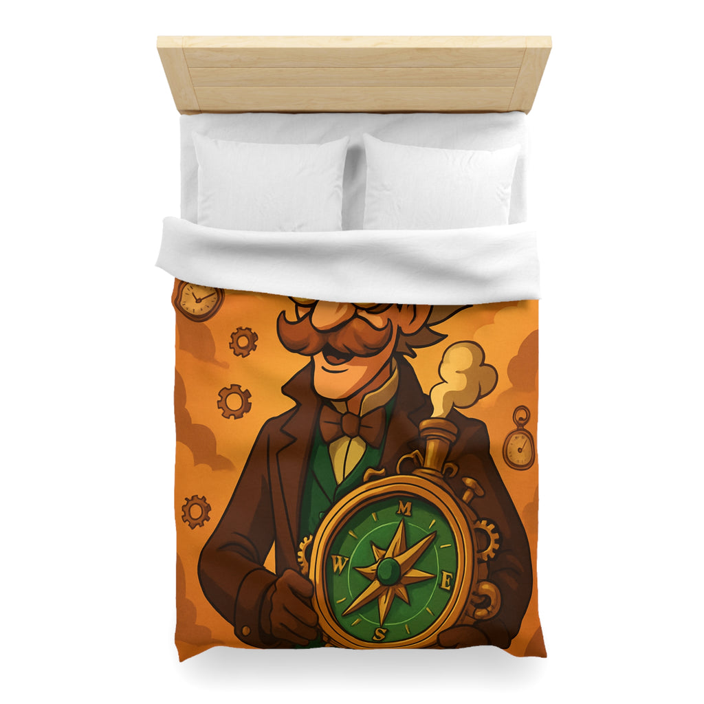 Housse de Couette Steampunk Vintage avec Boussole, Savant et Montgolfières sur Fond Sépia