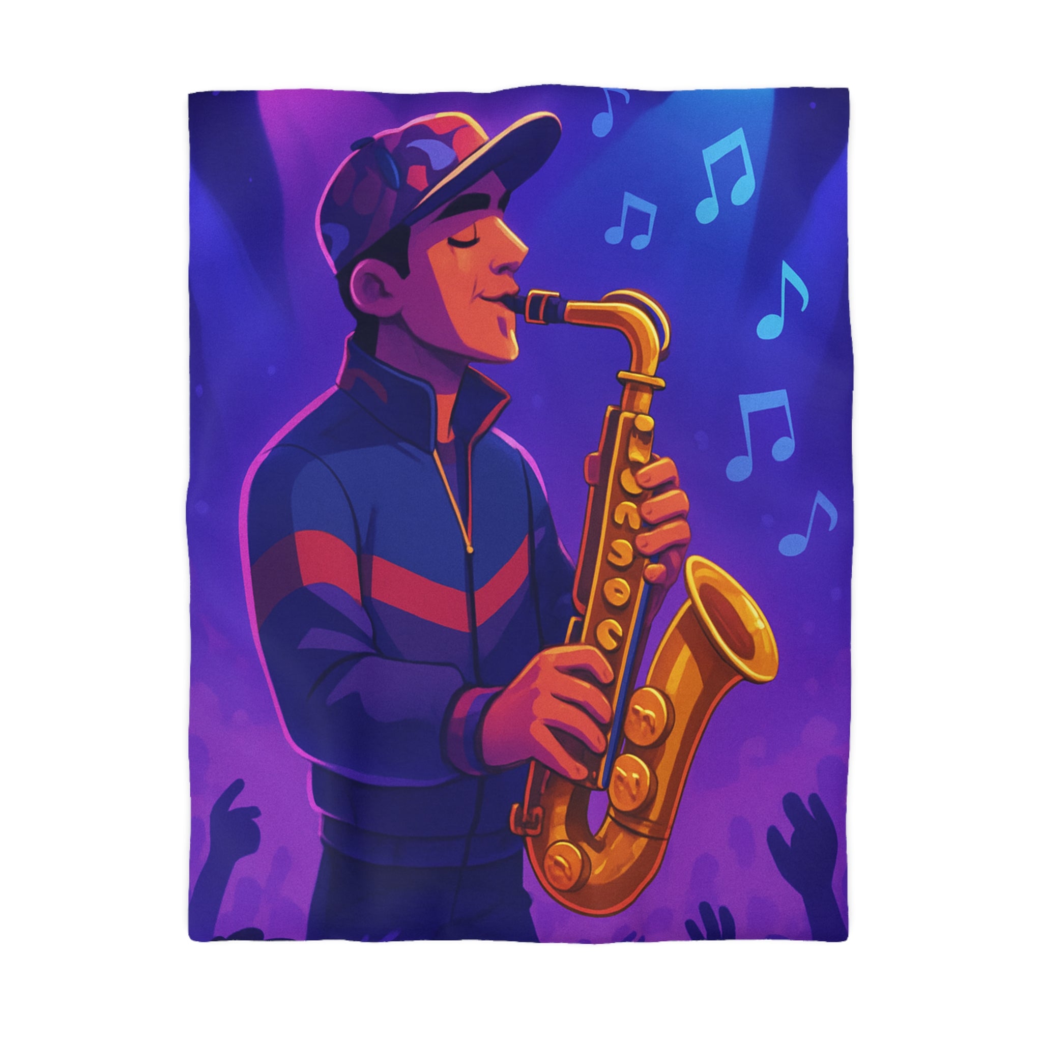 Jazz nocturne vibrant avec joueur de saxophone énergique sous lumières colorées et musique entraînante