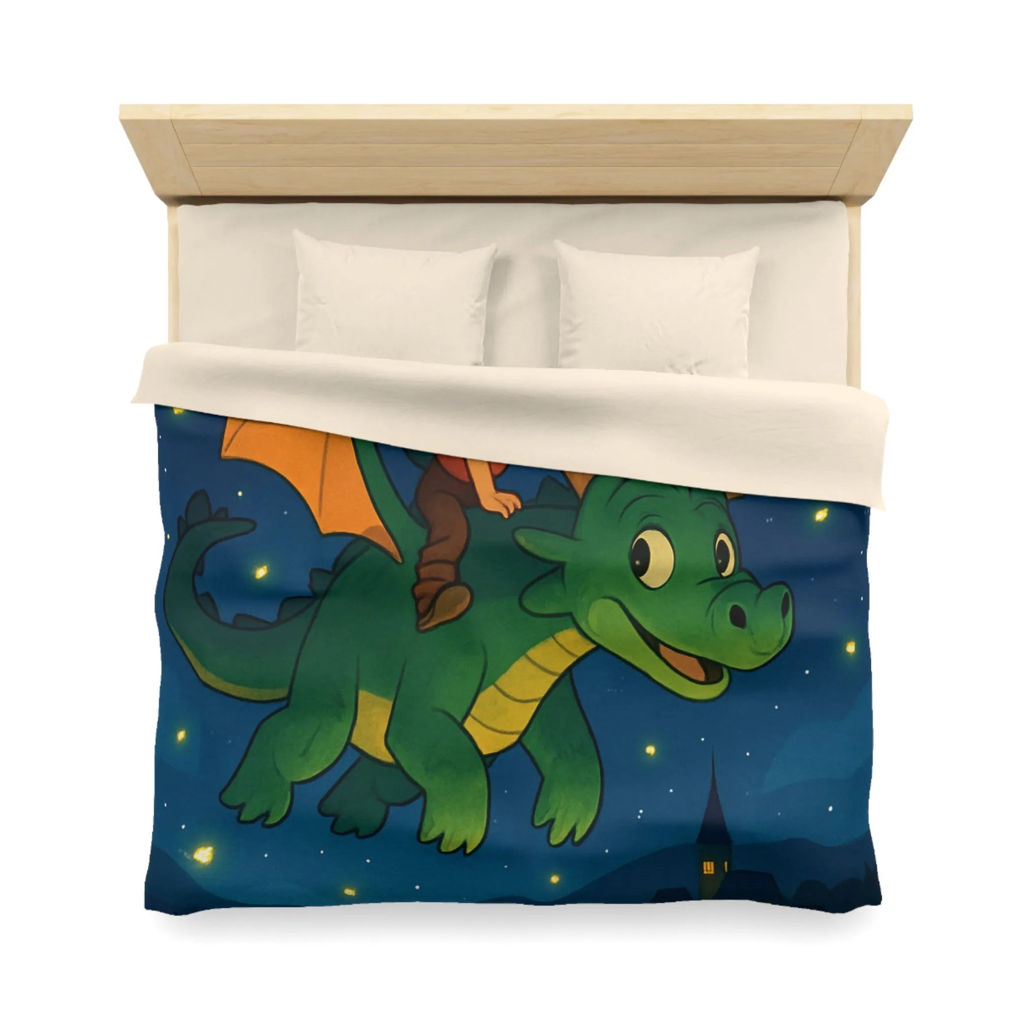 Housse de couette magique avec dragon et enfant volant dans un ciel étoilé